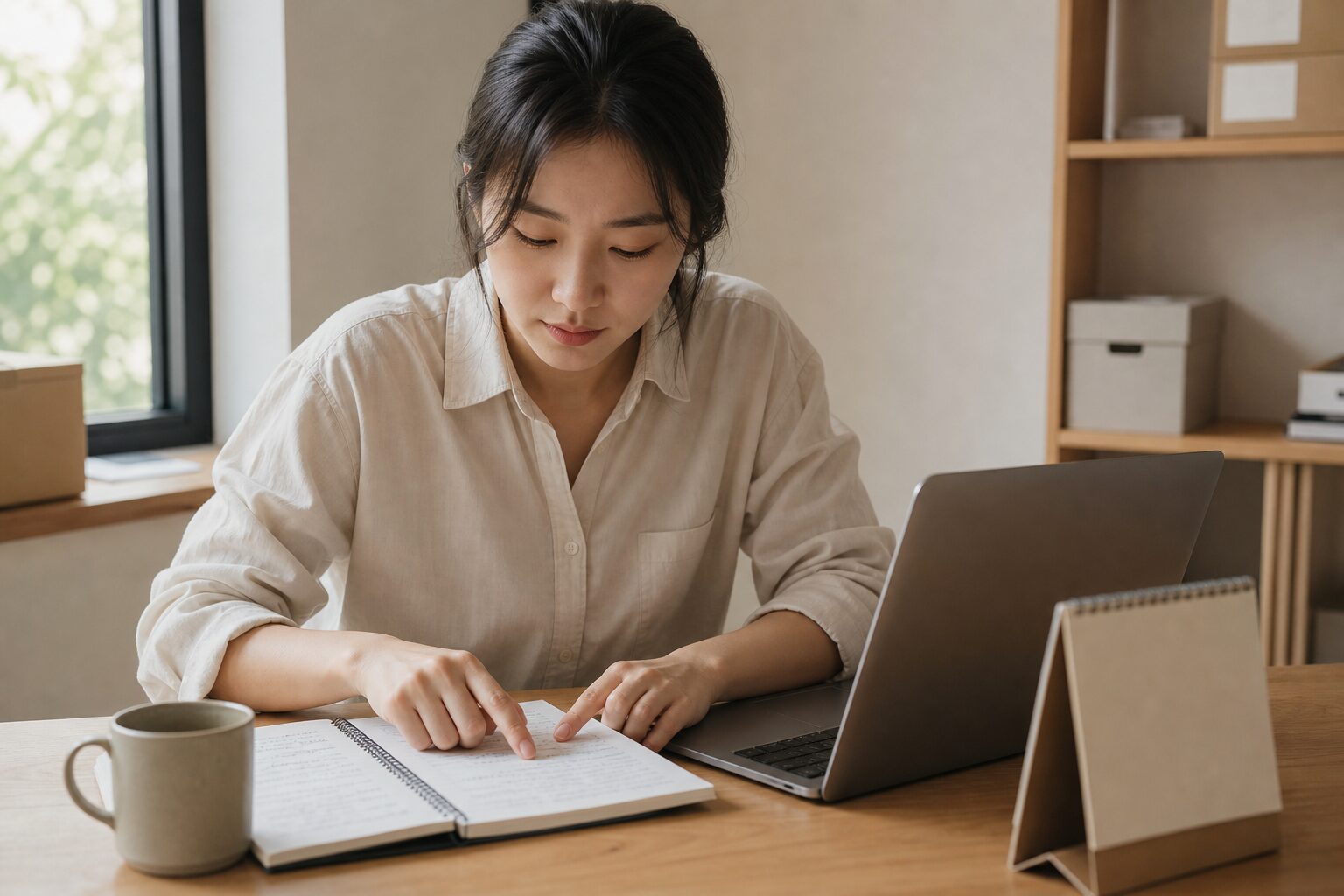 이커머스 셀러가 스마트스토어 관리자 화면이 열린 노트북 옆에 탁상달력과 메모지를 펼쳐두고 상품별 수치를 손가락으로 짚으며 차분하게 살펴보는 장면