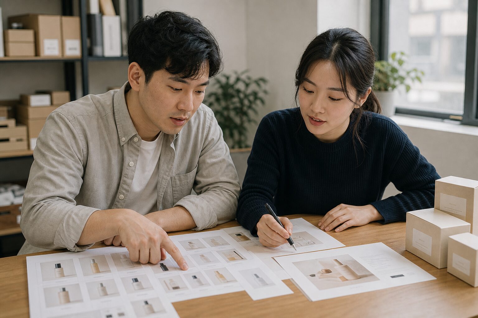 두 명의 이커머스 운영 담당자가 쿠팡 상품 페이지가 출력된 자료와 경쟁 상품 썸네일 비교 시트를 함께 펼쳐놓고 손가락으로 특정 항목을 가리키며 논의하는 협업 장면