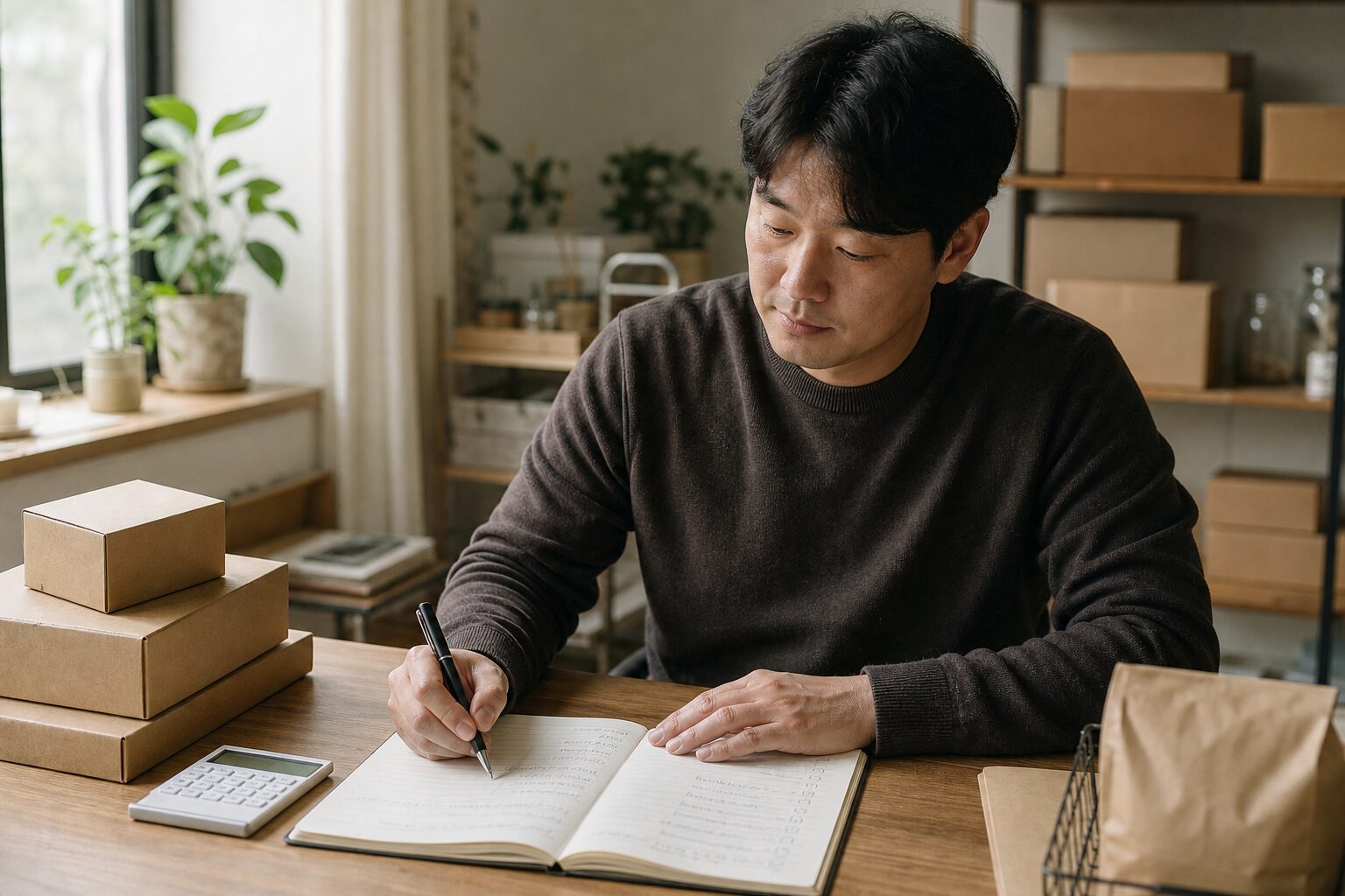 이커머스 셀러가 책상 위에 주간 매출 추이가 적힌 손으로 작성한 운영 일지를 펼쳐두고 체크리스트 항목들을 하나씩 확인하며 다음 액션을 메모하는 차분하고 집중된 장면