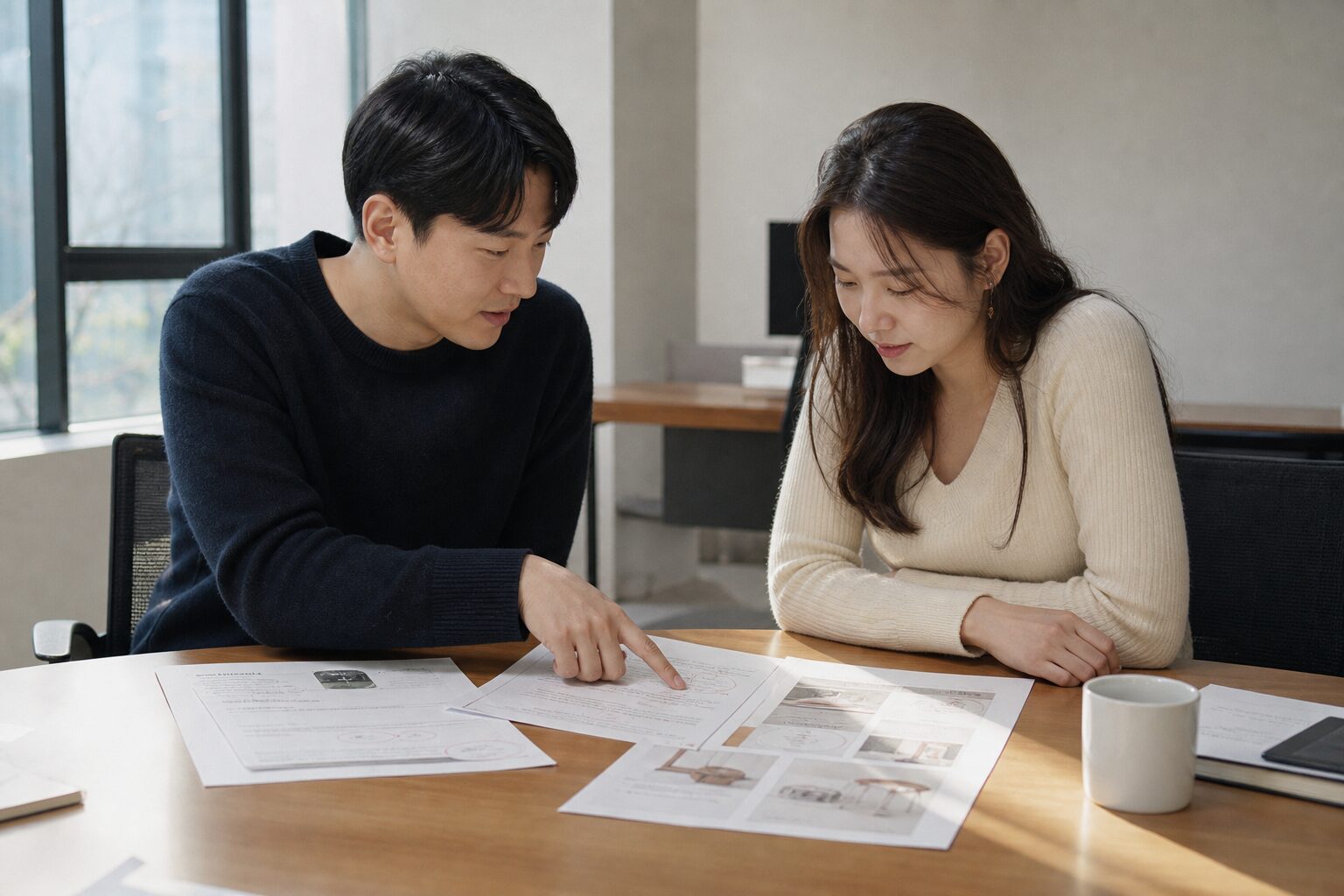 두 명의 한국 이커머스 운영자가 사무실 테이블에 나란히 앉아 출력된 광고 성과 보고서와 상세페이지 시안 인쇄물을 함께 펼쳐놓고, 한 명이 특정 항목을 손가락으로 짚으며 논의하는 협업 장면.