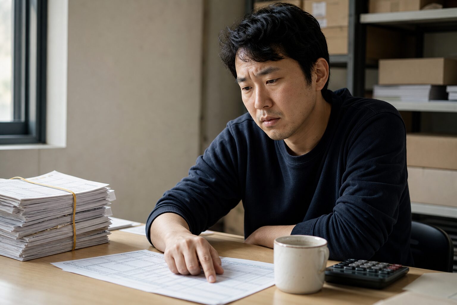 쿠팡 마켓플레이스 셀러가 사무실 책상에서 출력된 상품별 판매 현황 서류를 손가락으로 짚으며 미간을 찌푸리고 있는 모습 — 탁상 위에 택배 송장 묶음과 계산기가 놓여 있음