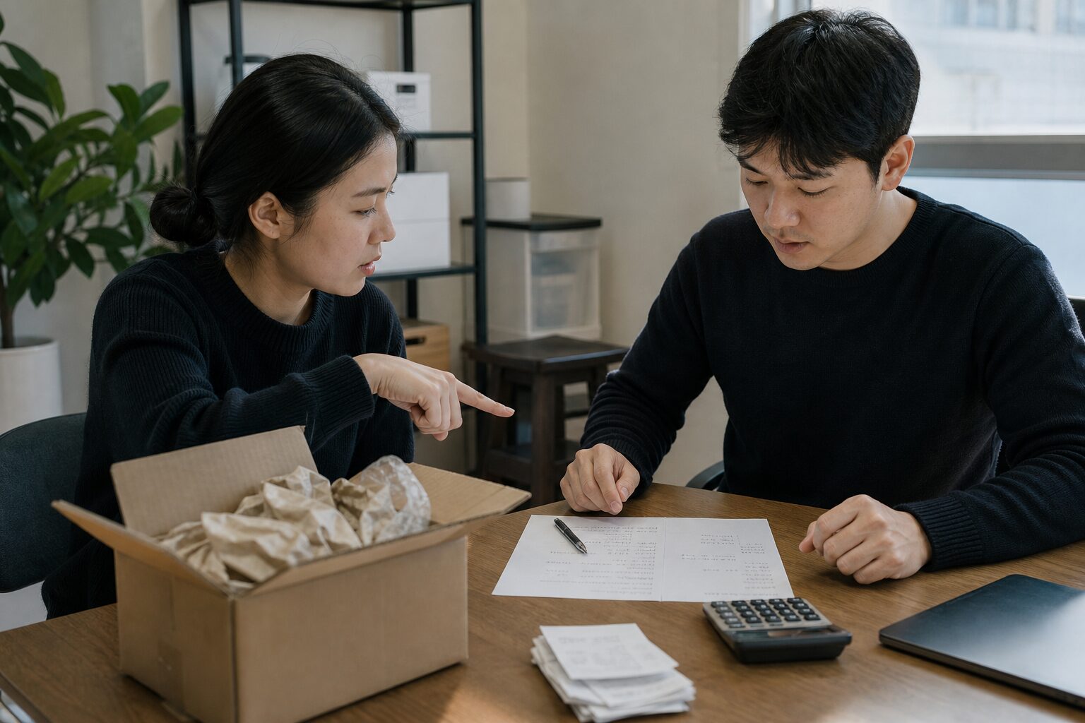 쿠팡 로켓그로스 셀러가 책상 위에 펼쳐진 비용 항목 메모지와 계산기를 앞에 두고 반품 택배 상자를 손으로 가리키며 동료와 낮은 목소리로 논의하는 모습