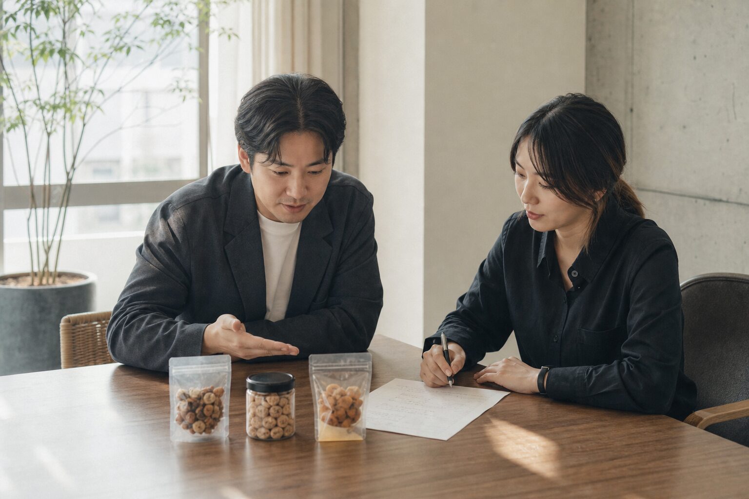 식품 카테고리 셀러와 커머스 운영 담당자가 사무실 테이블에서 상품 샘플 3종과 손으로 작성한 SKU 우선순위 메모를 함께 들여다보며 진지하게 논의하는 모습