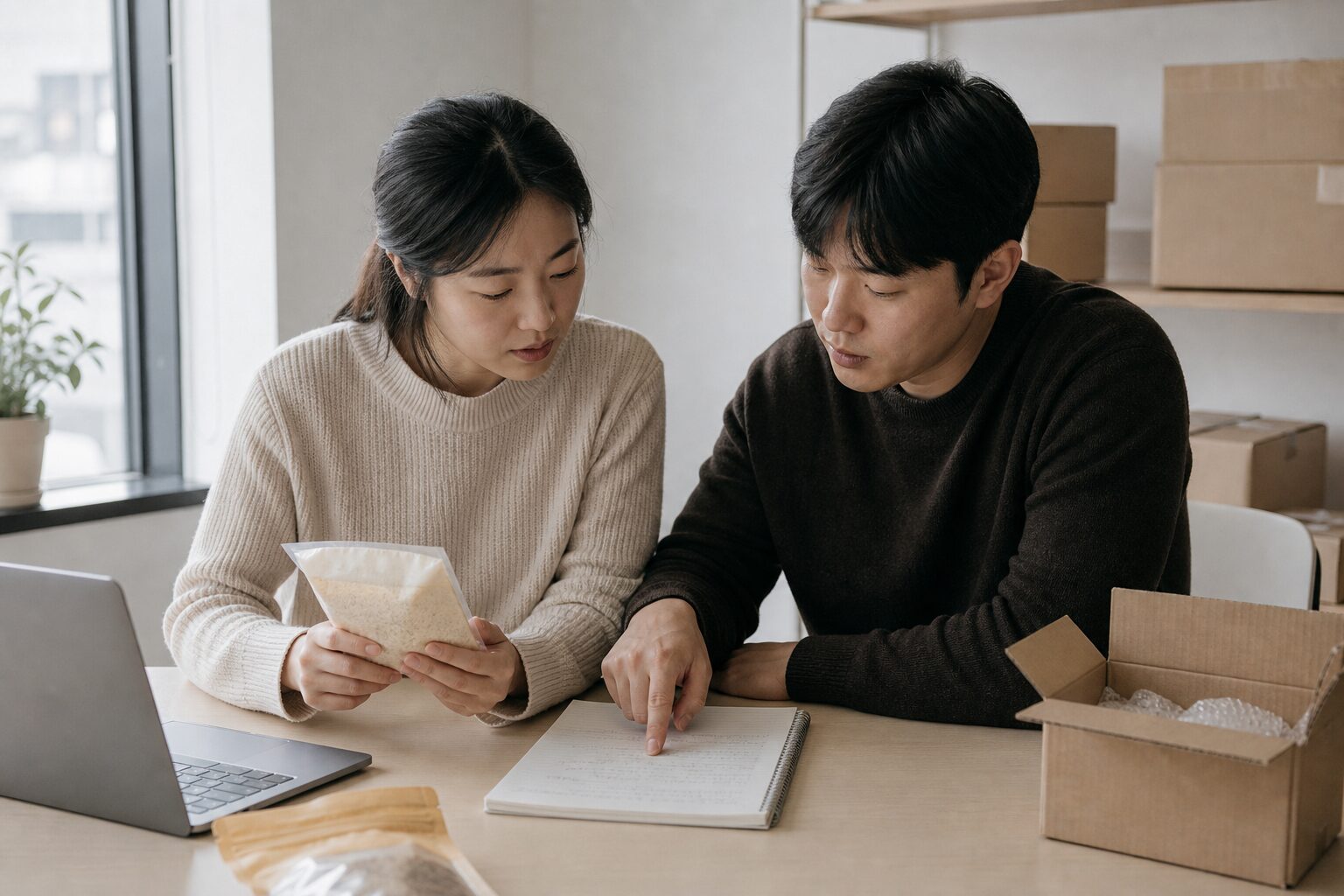 키워드 세팅 4단계 실전가이드 7 스마트스토어 셀러가 식품 패키지 상품을 손에 들고 상품명 기획 메모를 함께 검토하는 협업 장면