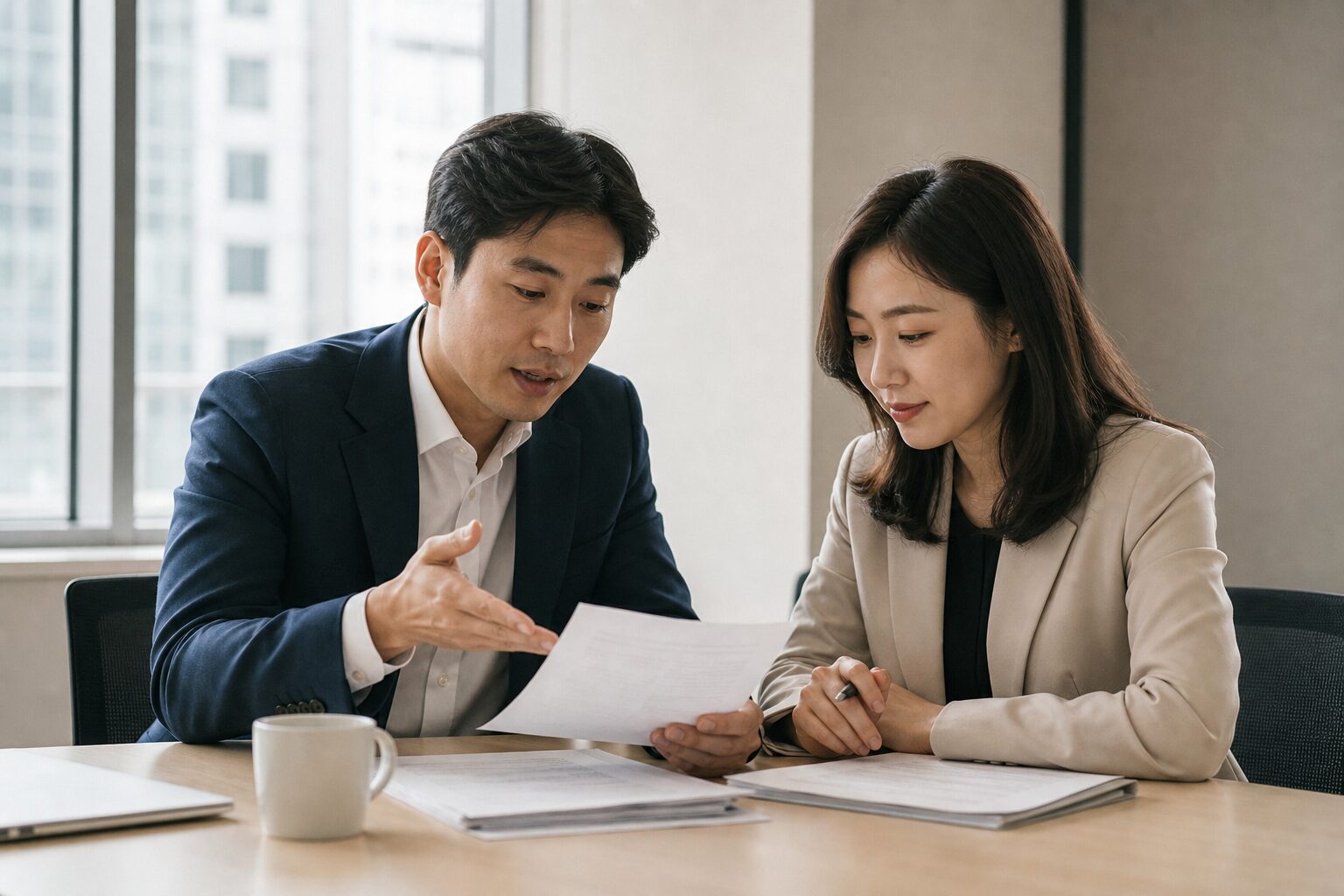 키워드 세팅 4단계 실전가이드 9 이커머스 전문가 두 명이 쿠팡 상품 키워드 최적화 결과 출력물을 함께 보며 다음 액션을 논의하는 장면