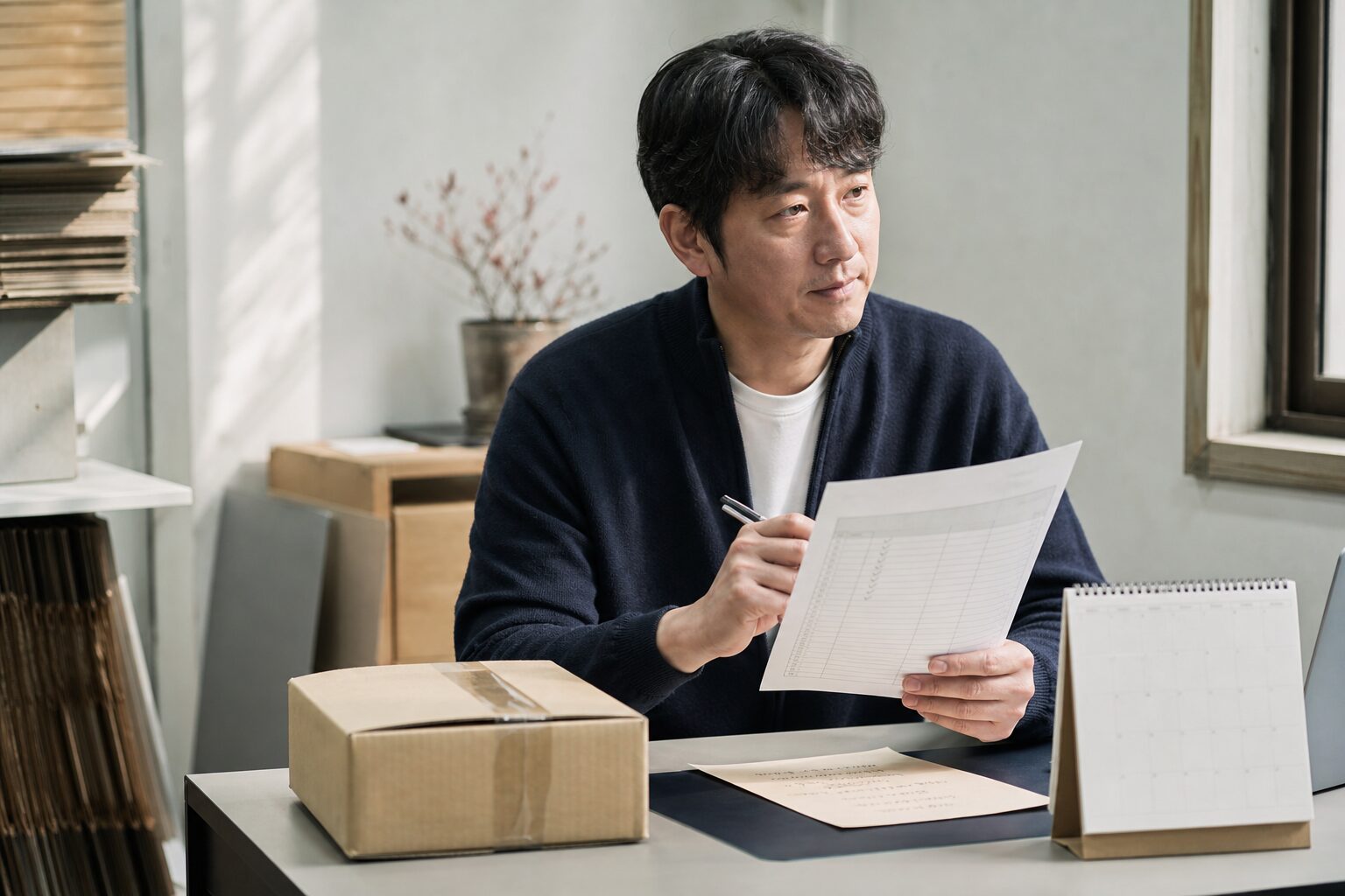 쿠팡 로켓그로스 셀러가 밝은 사무실에서 체크리스트가 적힌 종이를 손에 들고 항목을 하나씩 볼펜으로 체크하며 가볍게 고개를 끄덕이는 모습 — 탁상 위에 입고 준비된 소형 박스와 광고 기획 메모가 함께 놓여 있음