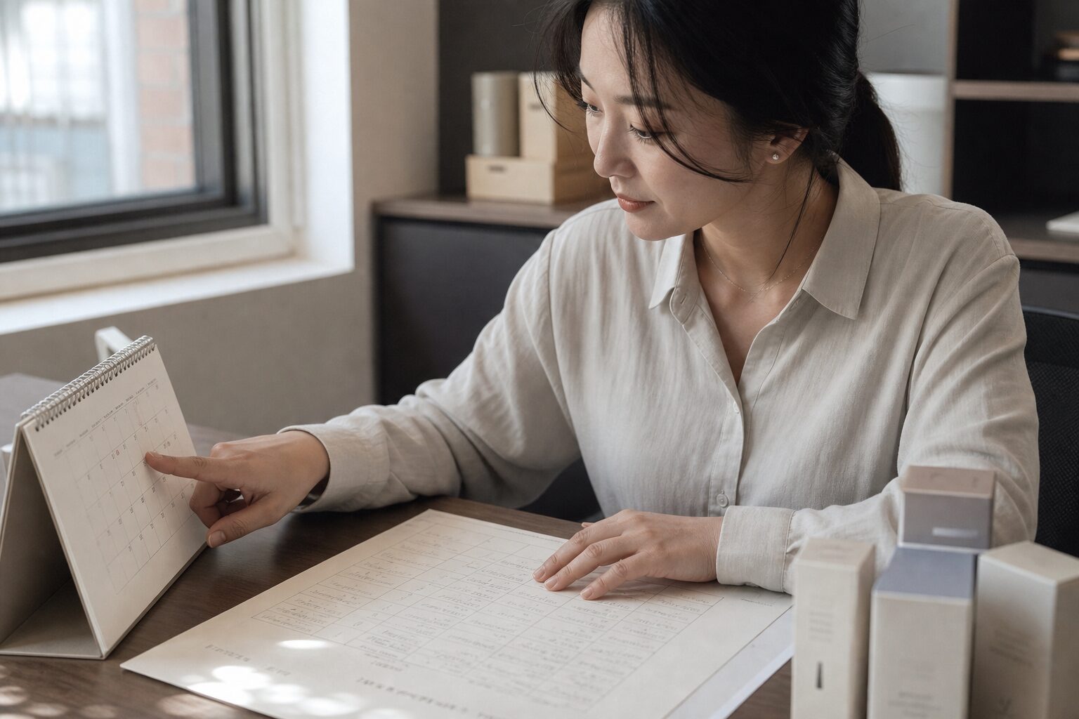 한국 여성 셀러가 사무실 책상에서 탁상 달력을 손가락으로 짚으며 입고 수량이 적힌 종이 기획안을 함께 살펴보는 클로즈업 장면
