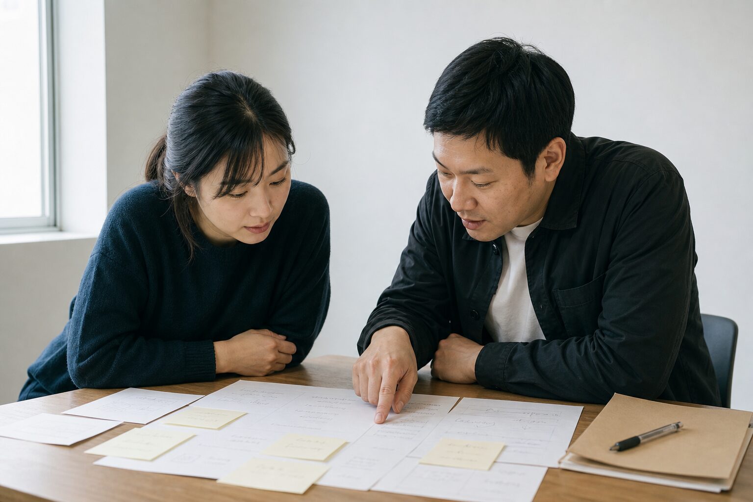 두 명의 소규모 셀러가 나란히 앉아 여러 플랫폼 이름이 적힌 메모지와 손으로 쓴 비교 노트를 함께 짚어가며 논의하는 장면