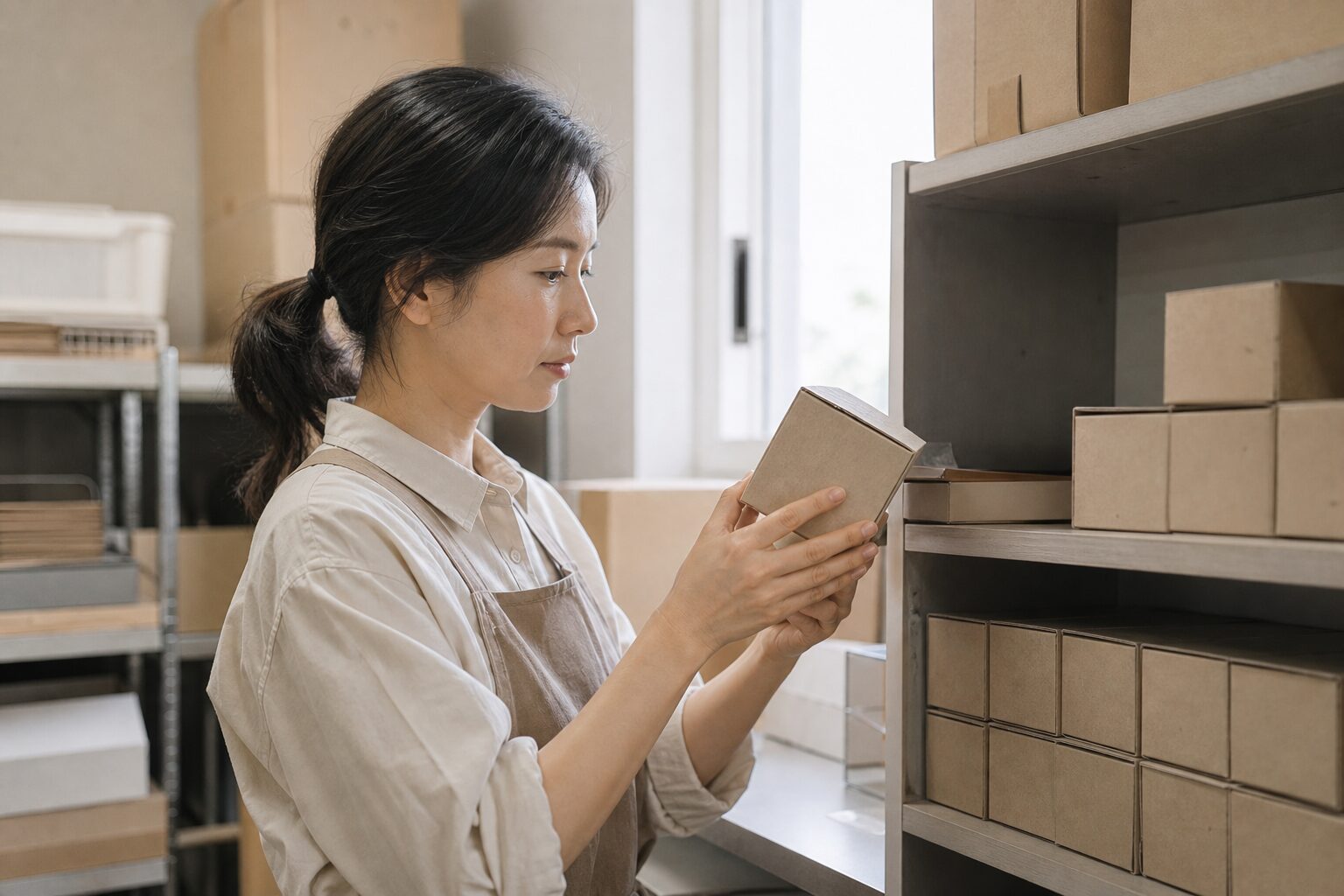 소규모 식품 제조 창업자가 작은 창고 한켠에서 포장된 상품 박스를 점검하며 출고 준비를 하는 장면