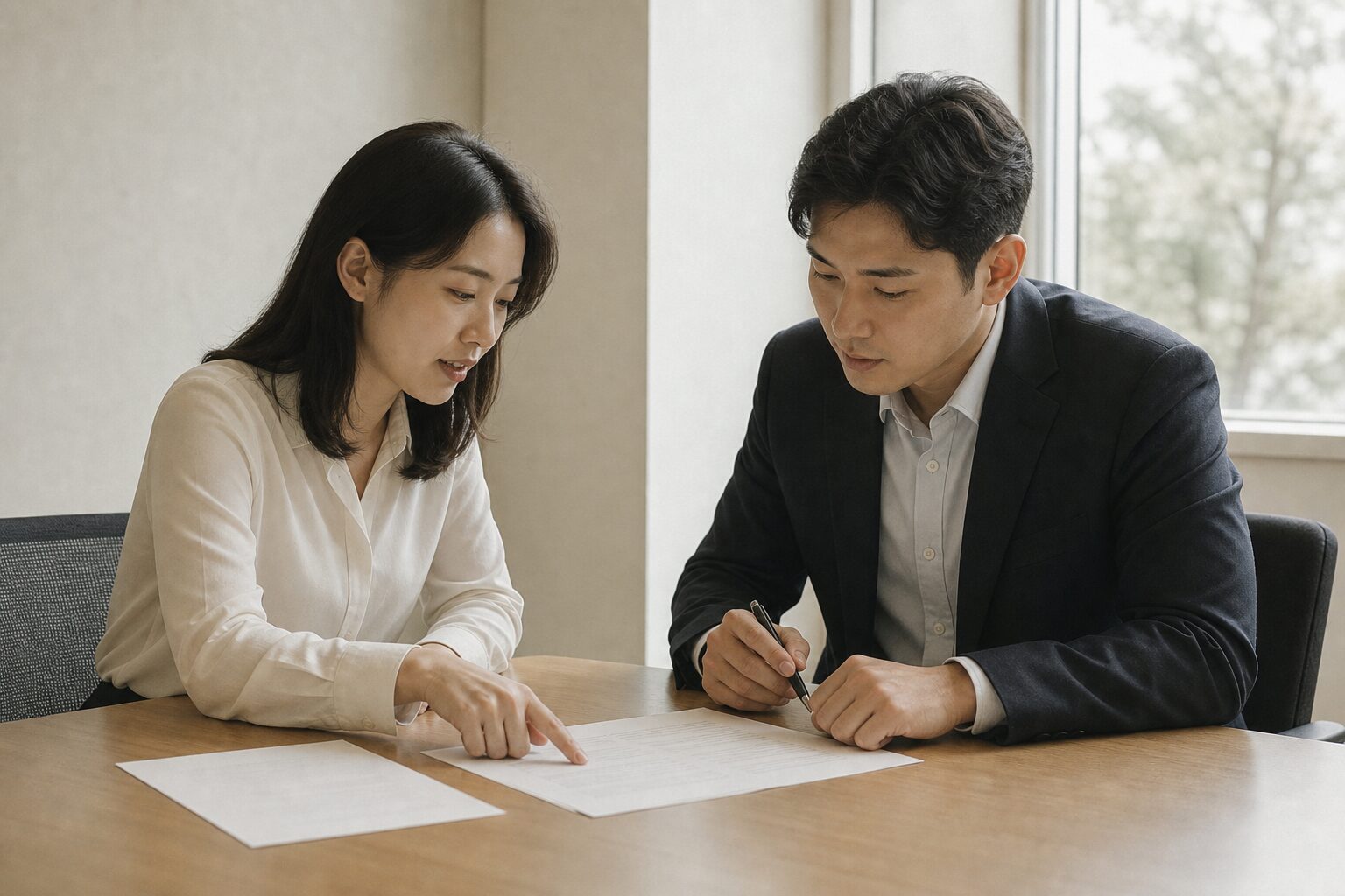 네이버 광고 계정 생성 5분 완성 10체크 7 한국 여성 브랜드 담당자와 남성 대행사 담당자가 소회의실 테이블에서 권한 위임 관련 서류를 함께 펼쳐보며 손가락으로 특정 항목을 가리키며 논의하는 협업 컷. 테이블 위에 계약서 형태의 종이 문서와 볼펜이 놓여 있고, 창문 자연광이 두 사람 사이 서류를 비춘다.