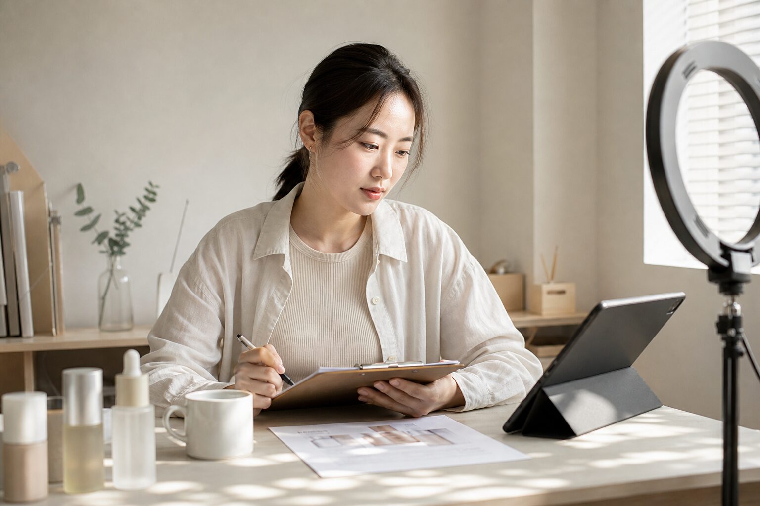 라이브커머스 운영자가 태블릿에 상품 키워드 메모를 정리하며 방송 큐시트를 준비하는 장면