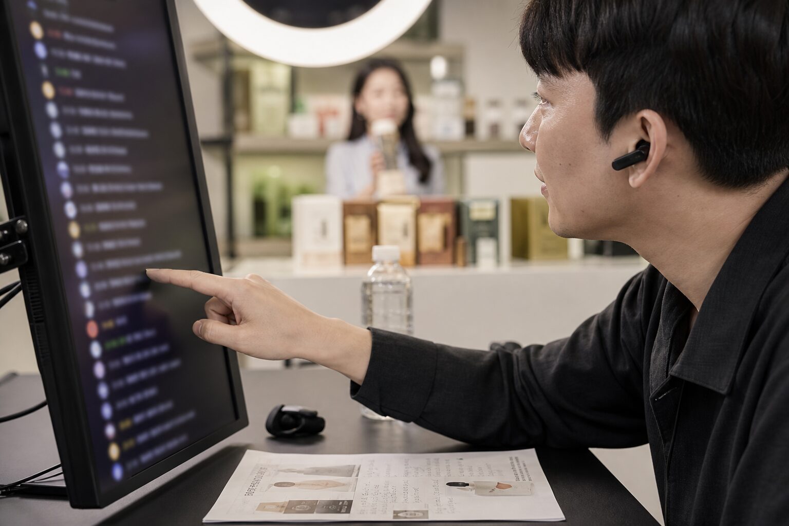 라이브커머스 방송 중 운영자가 모니터 화면 속 실시간 채팅 흐름을 손가락으로 가리키며 확인하는 클로즈업