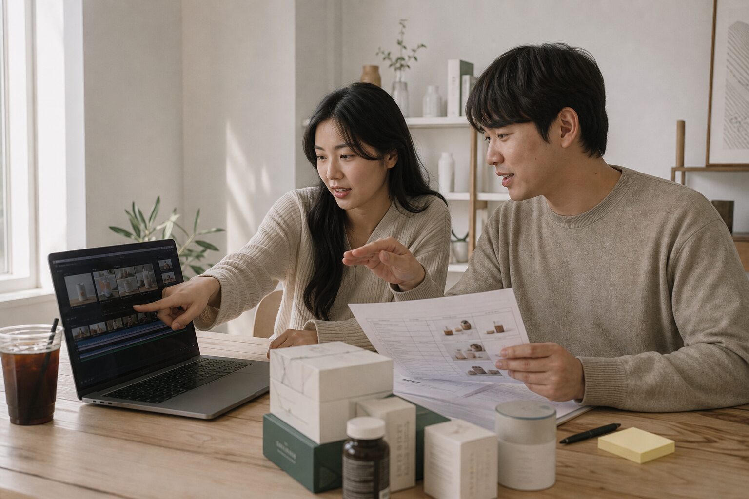 두 명의 라이브커머스 운영자가 방송 후 편집 타임라인이 열린 노트북 화면을 함께 들여다보며 숏폼 클립 구간을 손으로 짚어 논의하는 협업 장면