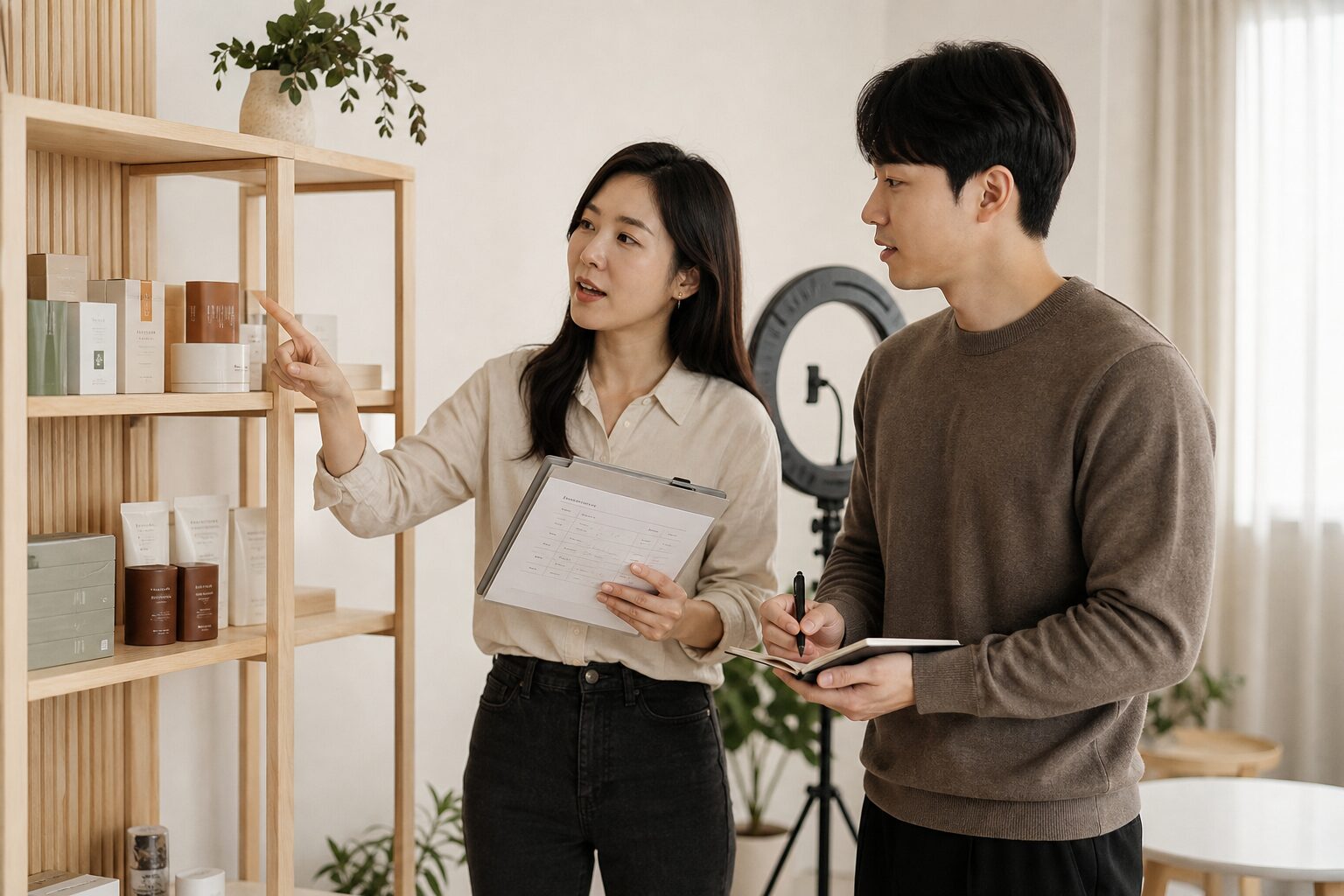 라이브커머스 운영자 두 명이 방송 준비를 마친 스튜디오에서 제품 진열대 앞에 서서 다음 방송 계획을 메모하며 차분하게 대화하는 협업 장면
