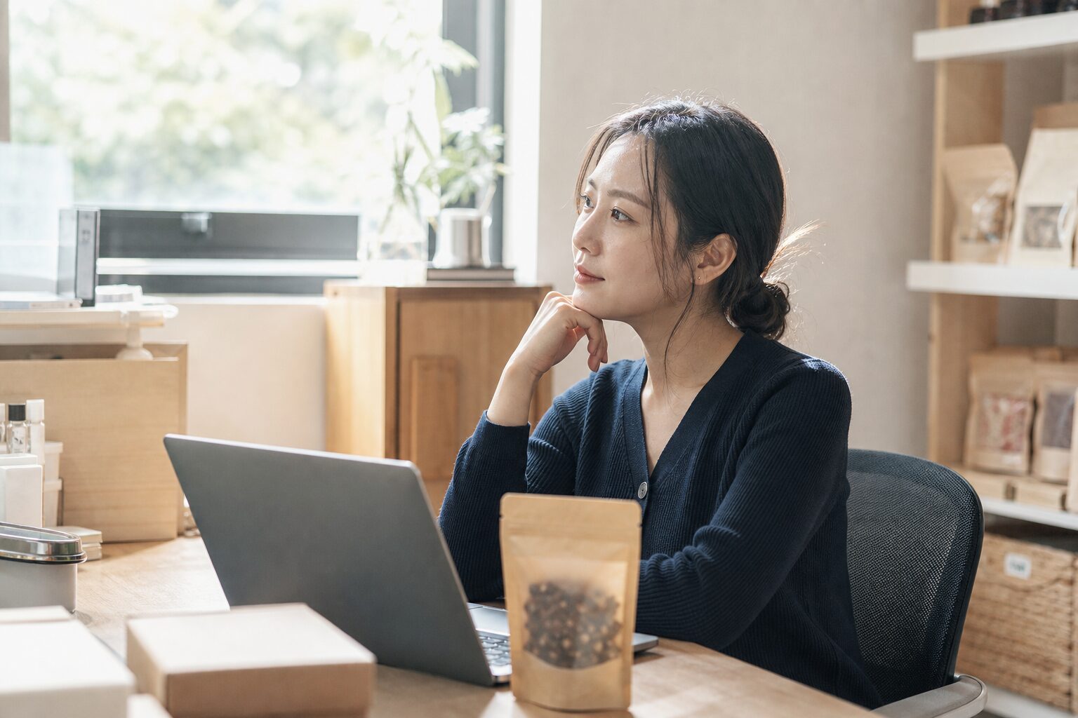 소규모 식품 브랜드 사무실로 보이는 공간에서 한국 여성 대표가 책상 위에 식품 샘플 패키지를 올려두고 노트북 화면을 바라보며 턱을 괴고 생각에 잠긴 측면 미들샷, 창문으로 오후 자연광이 들어오는 차분한 분위기