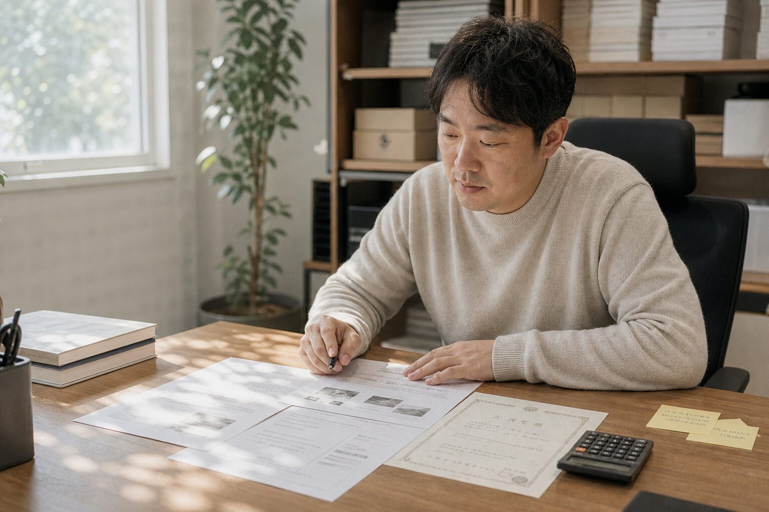 온라인 판매자 증가 54만 시대 생존법 1 한국 이커머스 셀러가 사무실 책상에서 카테고리 분석 자료와 플랫폼별 입점 서류를 펼쳐놓고 차분하게 검토하는 장면