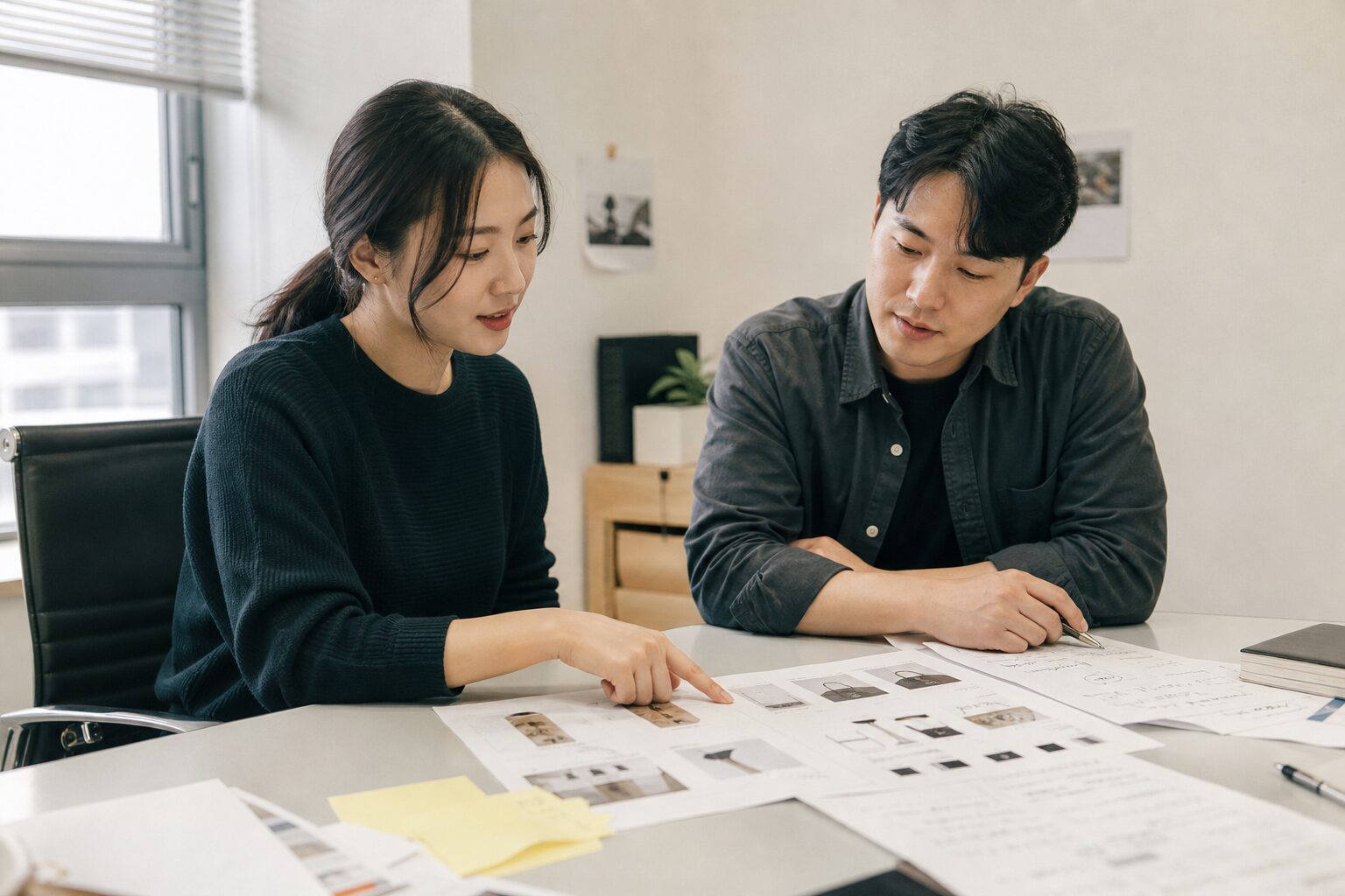 온라인 판매자 증가 54만 시대 생존법 8 두 명의 한국 이커머스 운영자가 좁은 사무실에서 상품 썸네일 시안 인쇄물과 키워드 분석 메모지를 테이블에 펼쳐놓고 함께 검토하며 손가락으로 특정 항목을 짚어가며 논의하는 협업 장면