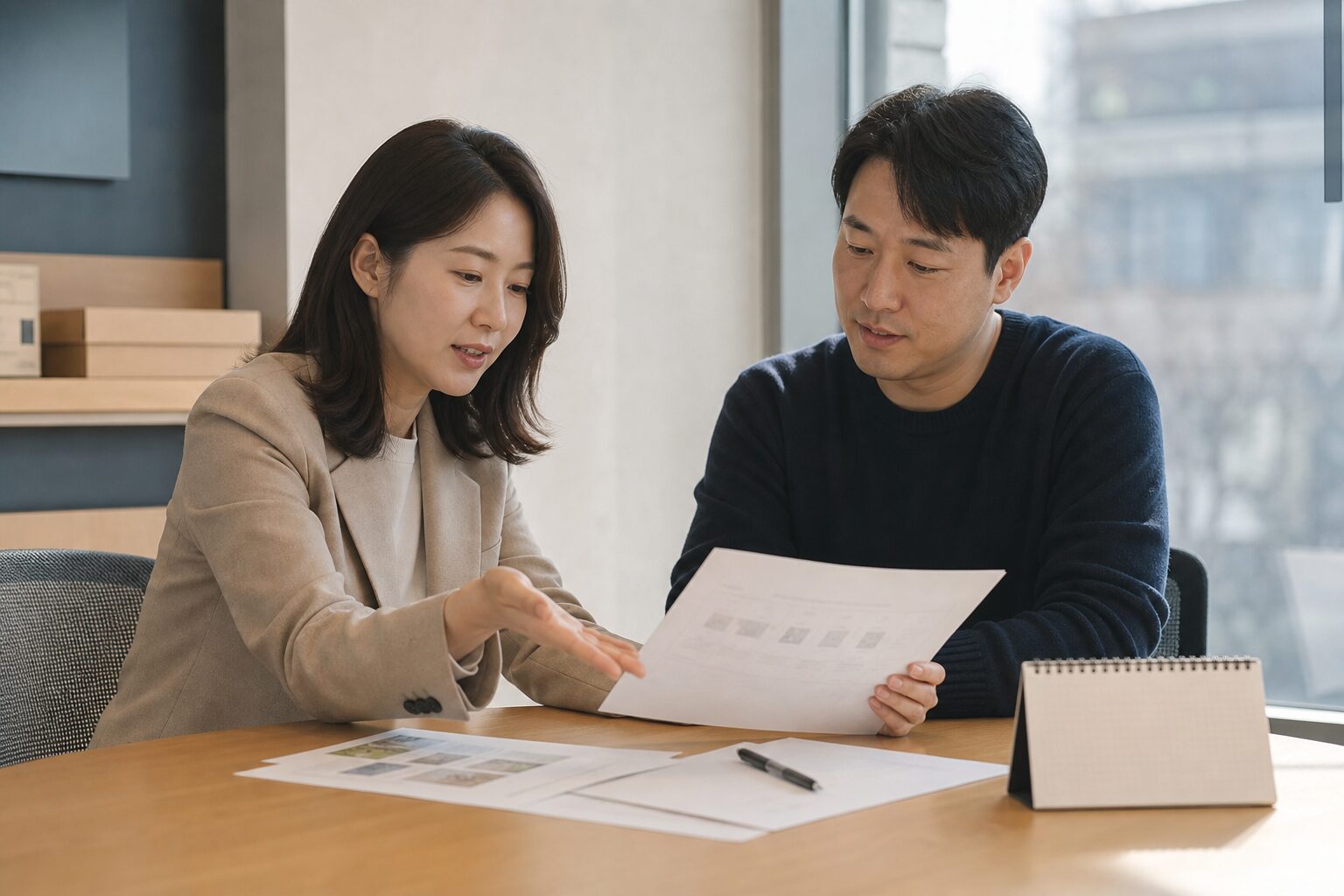 온라인 판매자 증가 54만 시대 생존법 12 한국 이커머스 운영자 두 명이 소규모 사무실에서 멀티채널 확장 계획서와 카테고리별 성과 메모를 함께 검토하며 다음 단계를 논의하는 협업 장면, 창가 자연광 아래 차분하고 자신감 있는 표정