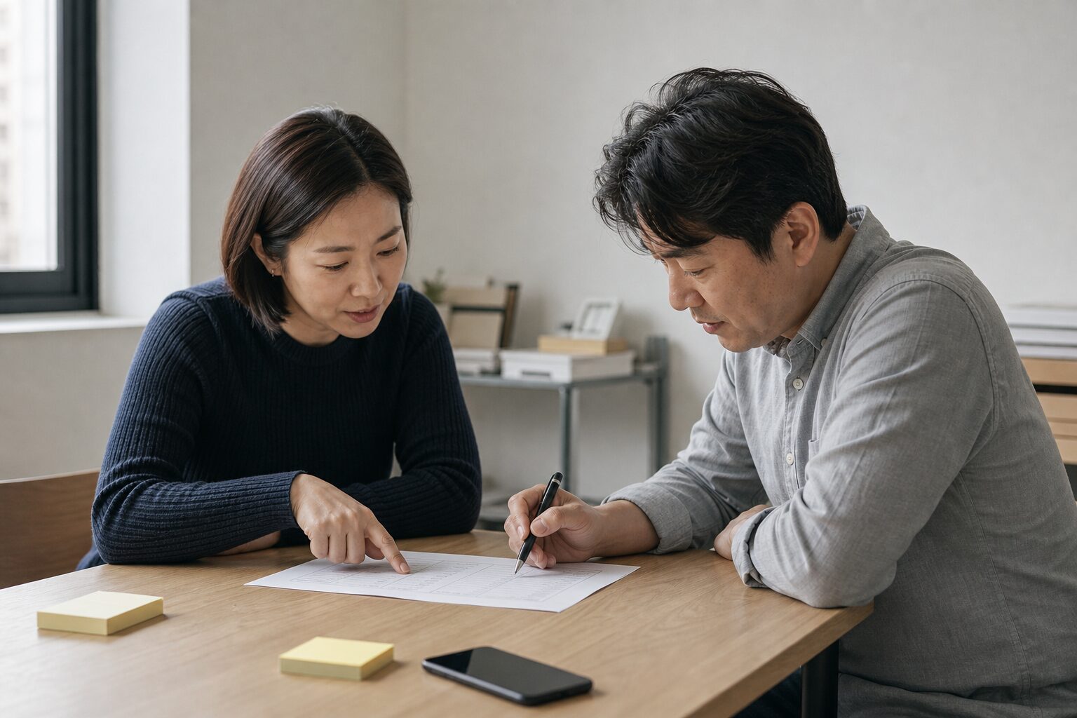 소상공인 광고 방안 5단계 가이드 9 소상공인 두 명이 작은 사무실 테이블에서 인쇄된 마케팅 실행 계획표를 함께 펼쳐놓고 손가락으로 특정 항목을 짚으며 논의하는 협업 장면, 탁상 위에 스마트폰과 메모지가 함께 놓여 있음