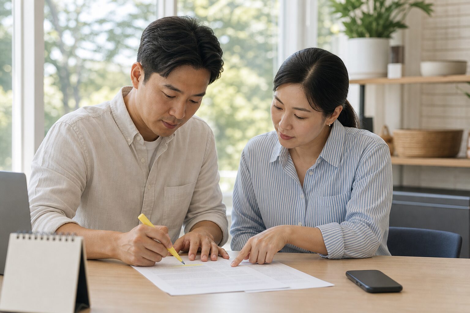 소상공인 광고 방안 5단계 가이드 15 소상공인 두 명이 밝은 사무실에서 나란히 앉아 프린트된 채널별 광고 계획 문서를 함께 검토하며 한 명이 특정 항목에 형광펜으로 표시하는 협업 장면, 테이블 위에 탁상달력과 스마트폰이 놓여 있음