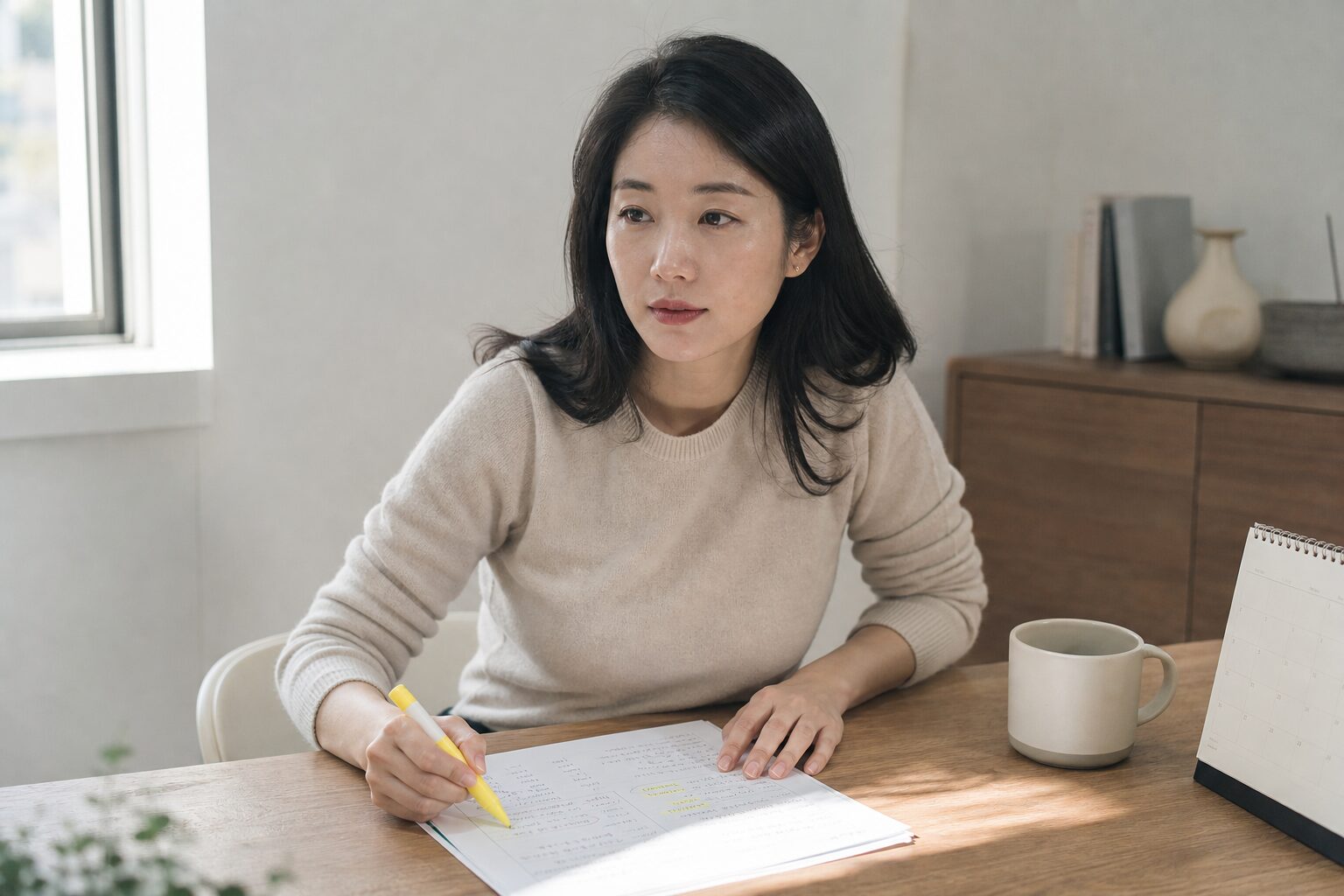 광고 예산 배분 5단계 실전 1 퍼포먼스 마케터가 채널별 광고 성과 데이터가 적힌 A4 기획안 용지를 책상 위에 펼쳐놓고 형광펜으로 항목을 표시하며 집중하는 장면