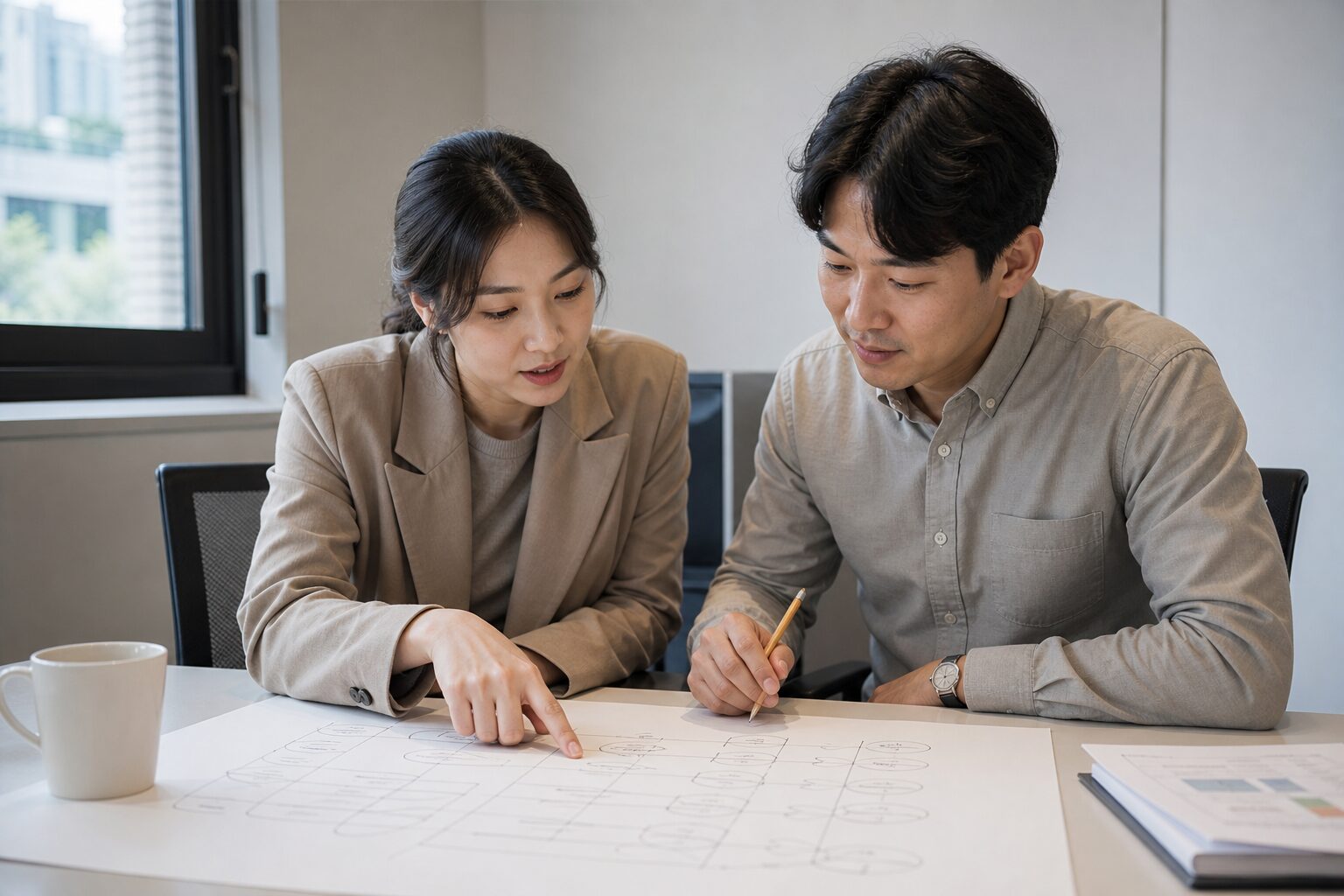 광고 예산 배분 5단계 실전 11 두 명의 한국 마케터가 사무실 테이블에 나란히 앉아 채널별 광고 성과가 손으로 정리된 A3 종이 자료를 함께 들여다보며 한 명이 특정 항목을 손가락으로 가리키는 협업 장면