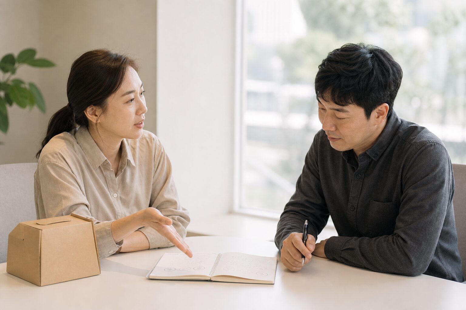 광고 예산 배분 5단계 실전 12 두 명의 한국 이커머스 담당자가 식품 패키지 샘플 박스가 놓인 사무실 테이블에서 채널별 성과 재배분 계획이 적힌 종이 자료를 함께 검토하며 다음 단계를 논의하는 장면