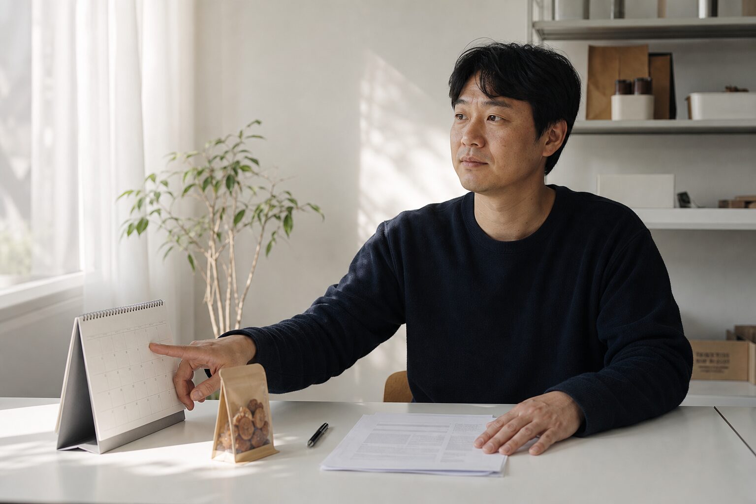 광고비 지원 정책 2026 신청전략 5 11 소상공인 대표가 밝은 창가 책상에서 사업계획서 초안 서류를 앞에 두고 탁상달력의 1월 날짜를 손가락으로 짚으며 일정을 확인하는 장면
