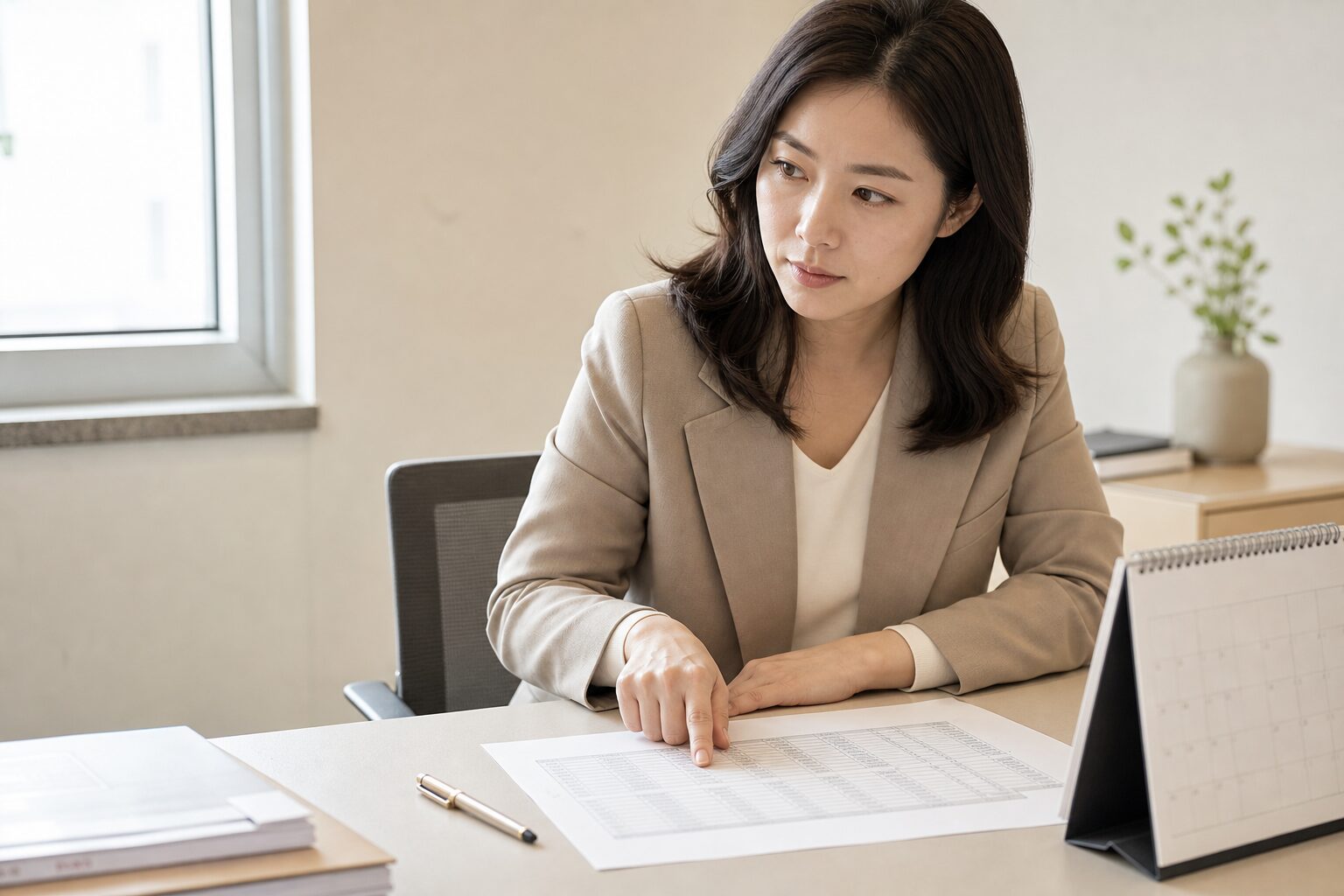 쿠팡 셀러 운영 담당자가 사무실 책상에서 월별 순익 리포트 출력물과 탁상달력을 나란히 펼쳐놓고 손가락으로 특정 수치 행을 짚으며 집중하는 장면