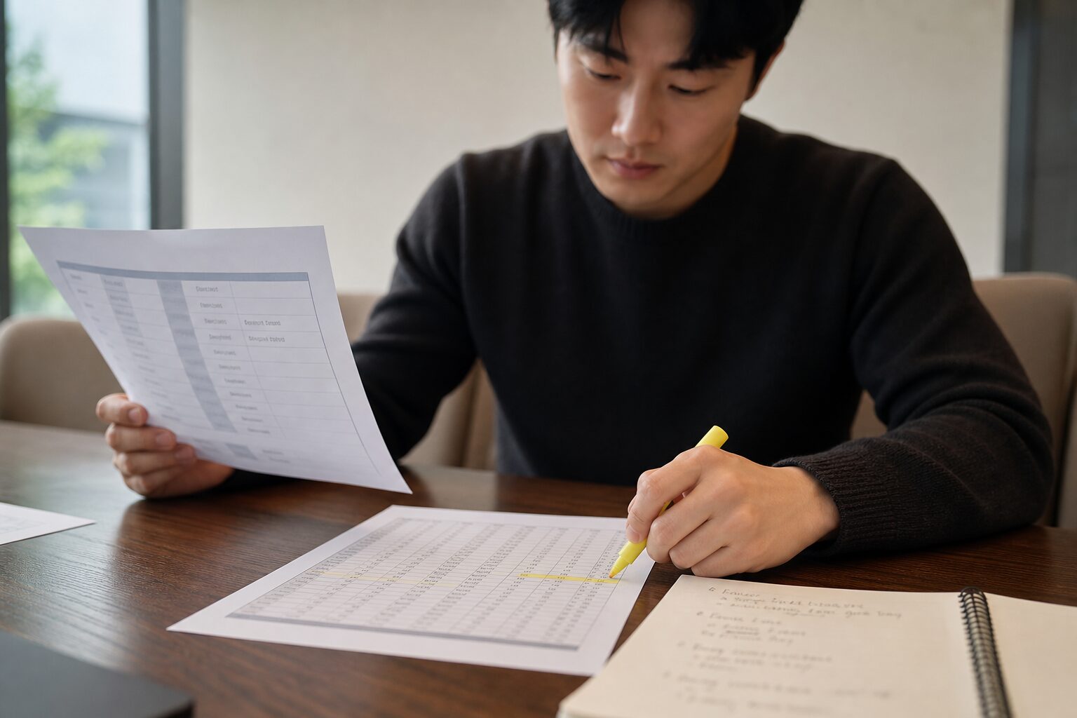 퍼포먼스 마케터가 회의실 테이블 위에 광고 플랫폼 데이터 출력물과 판매 데이터 스프레드시트를 나란히 펼쳐놓고 두 자료를 번갈아 보며 형광펜으로 특정 키워드 행에 밑줄을 긋는 클로즈업