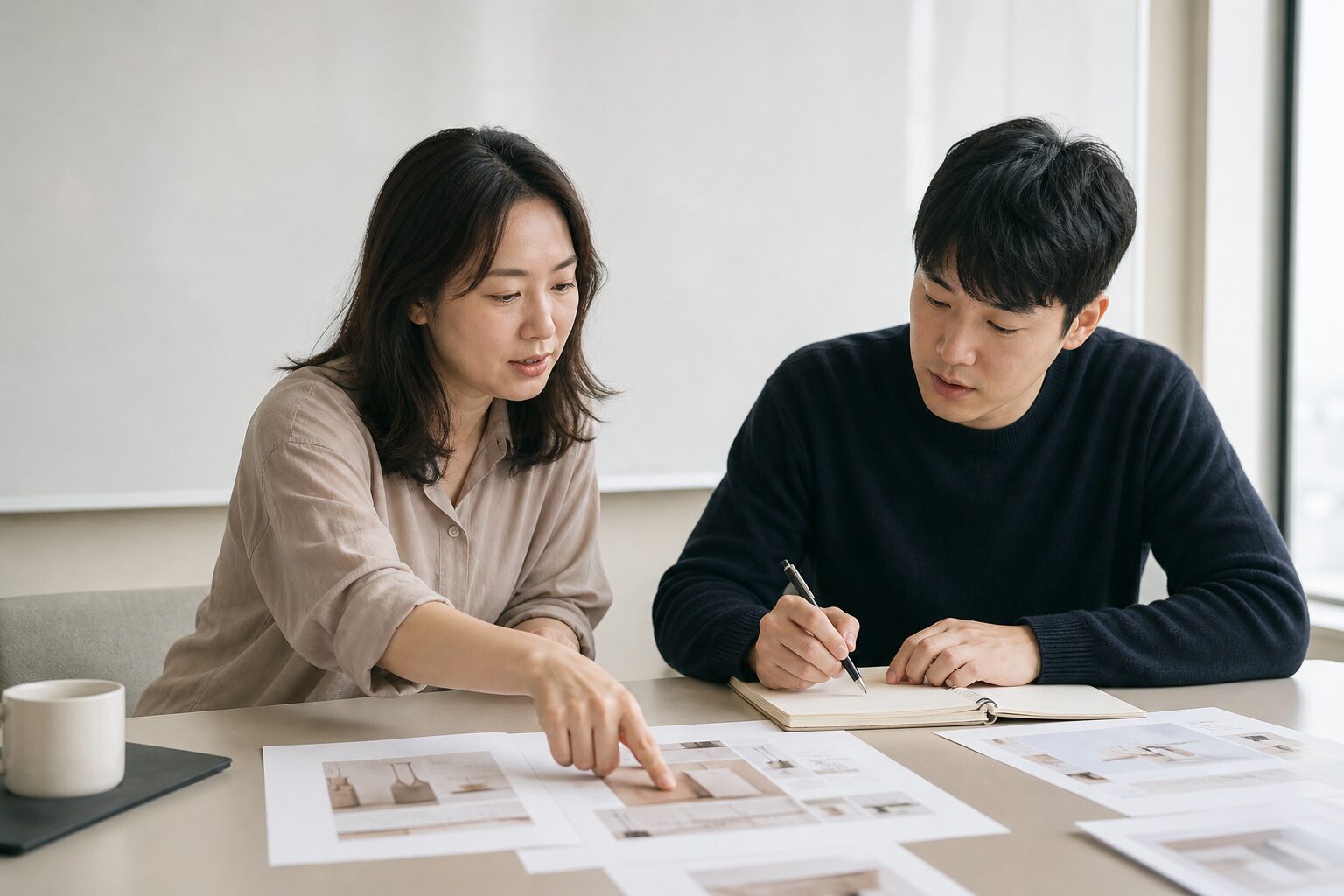 이커머스 마케팅 팀원 두 명이 화이트보드 앞 테이블에서 채널별 광고 소재 기획안 종이를 함께 펼쳐놓고 한 명이 특정 소재 시안을 손가락으로 가리키며 설명하고 다른 한 명이 메모하는 협업 장면