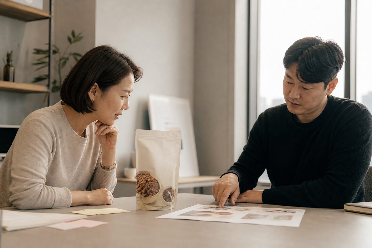 식품 브랜드 운영자와 커머스 대행 담당자 두 명이 사무실 테이블에서 식품 패키지 실물 샘플과 상품 상세페이지 출력물을 나란히 놓고 썸네일 시안을 함께 검토하며 논의하는 협업 장면