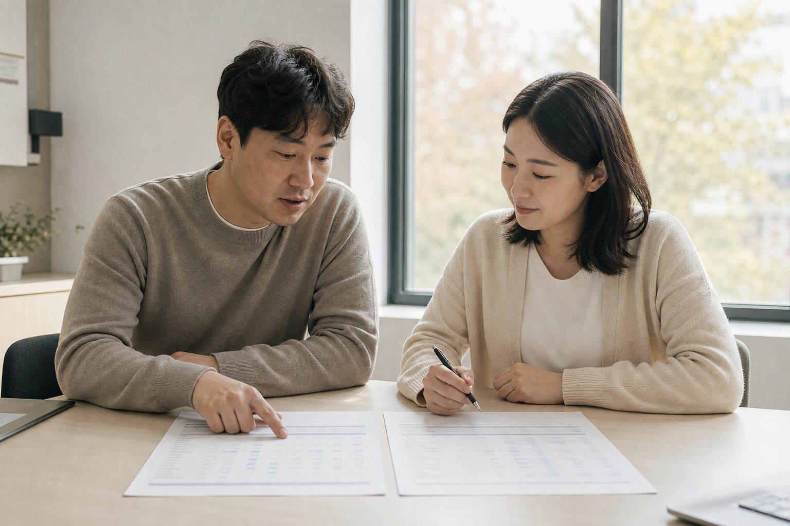 커머스 운영 팀원 두 명이 사무실 창가 테이블에서 쿠팡·네이버 채널별 키워드 성과 데이터 출력물 두 장을 나란히 펼쳐놓고 한 명이 두 자료를 손가락으로 번갈아 짚으며 채널 확장 방향을 설명하는 협업 장면