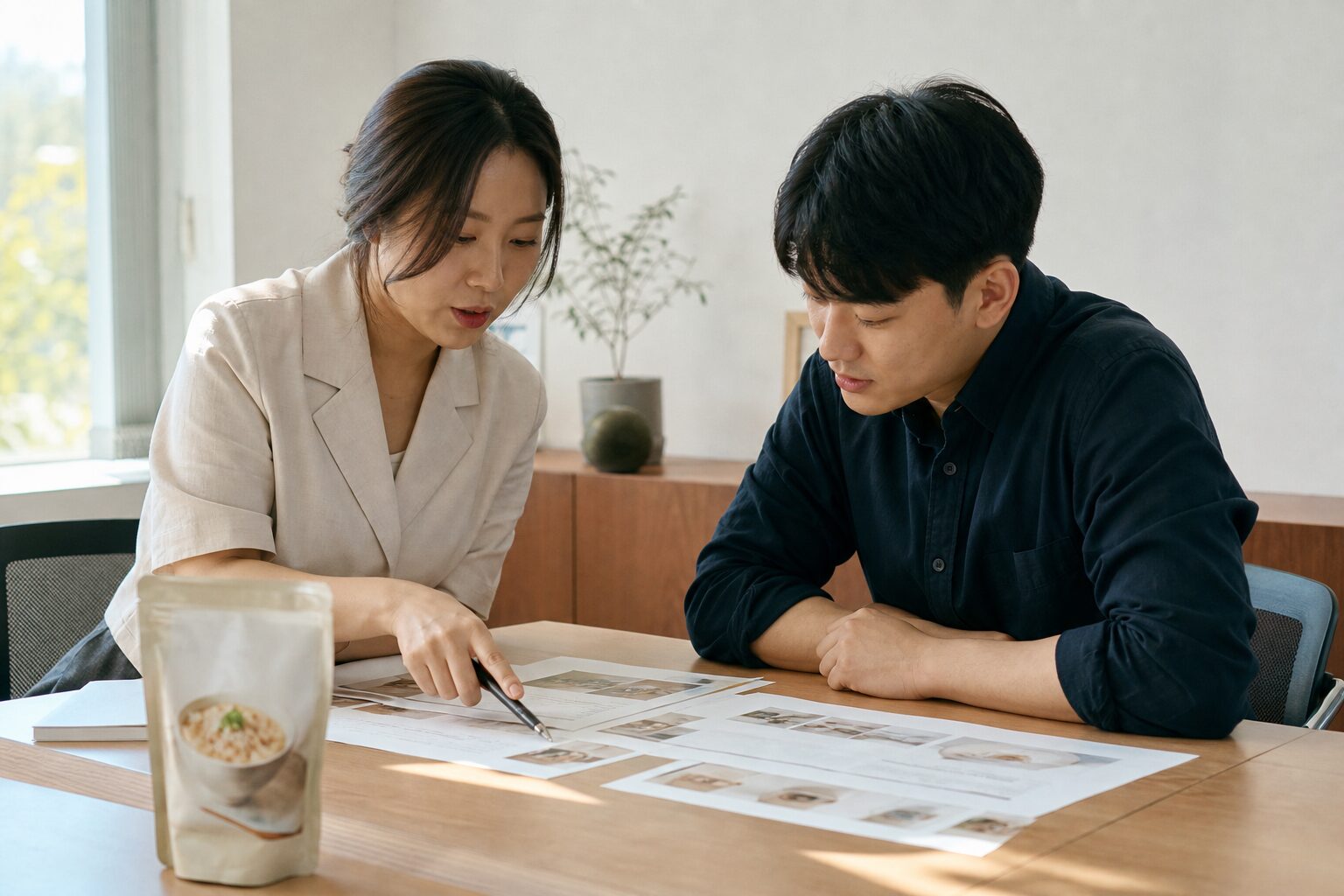 두 명의 한국 커머스 운영자가 좁은 사무실에서 인쇄된 광고 키워드 기획안과 상품 샘플을 함께 살펴보며 전략을 논의하는 협업 장면