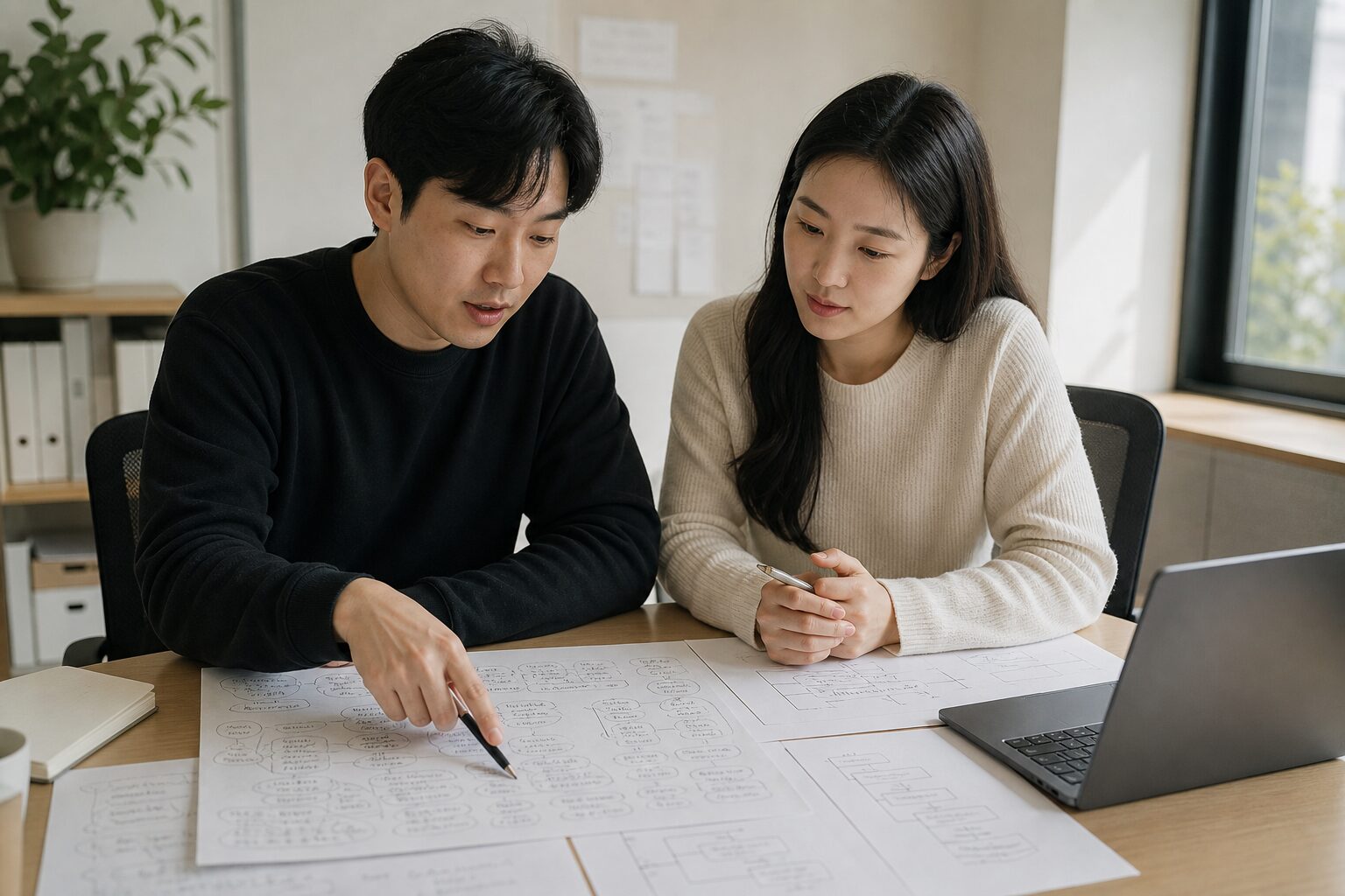 두 명의 쿠팡 운영 담당자가 광고 캠페인 기획 메모지를 함께 보며 키워드 전략을 논의하는 협업 장면