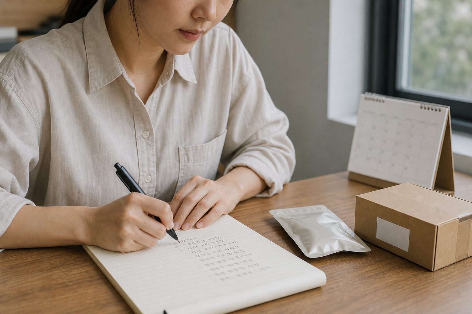 이커머스 운영자가 책상에서 체험단 안내 문서를 손으로 작성하며 옆에 택배 상자와 상품 샘플을 놓아둔 장면