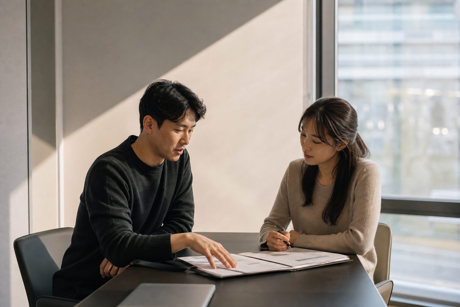 두 명의 이커머스 전략 담당자가 사무실 창가 테이블에서 리뷰 운영 기획안 서류를 함께 검토하며 다음 단계를 논의하는 장면