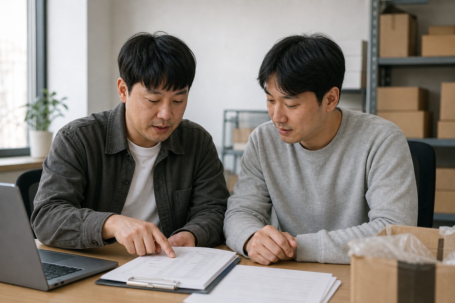 두 명의 한국 커머스 운영자가 소형 사무실에서 반품된 생활용품 택배 상자 옆에 앉아 출력된 비용 분석 자료를 함께 들여다보며 한 명이 특정 항목을 손가락으로 짚어 설명하는 협업 장면
