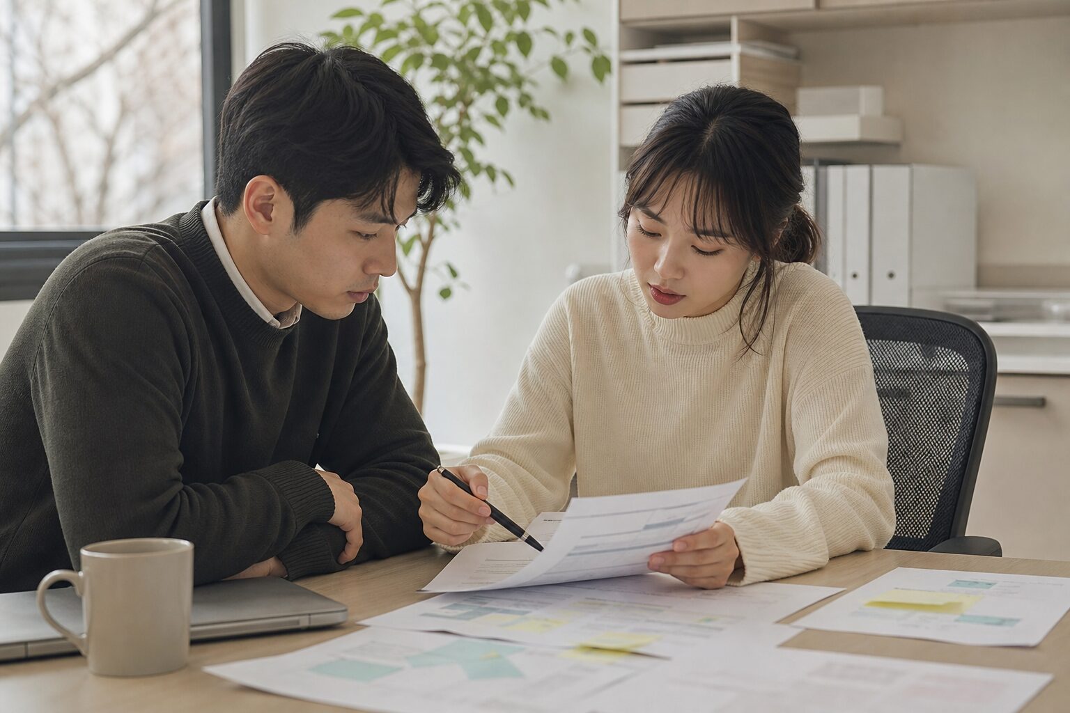 캠페인 KPI 불일치 문제를 동료와 함께 검토하는 두 명의 커머스 마케터 협업 컷
