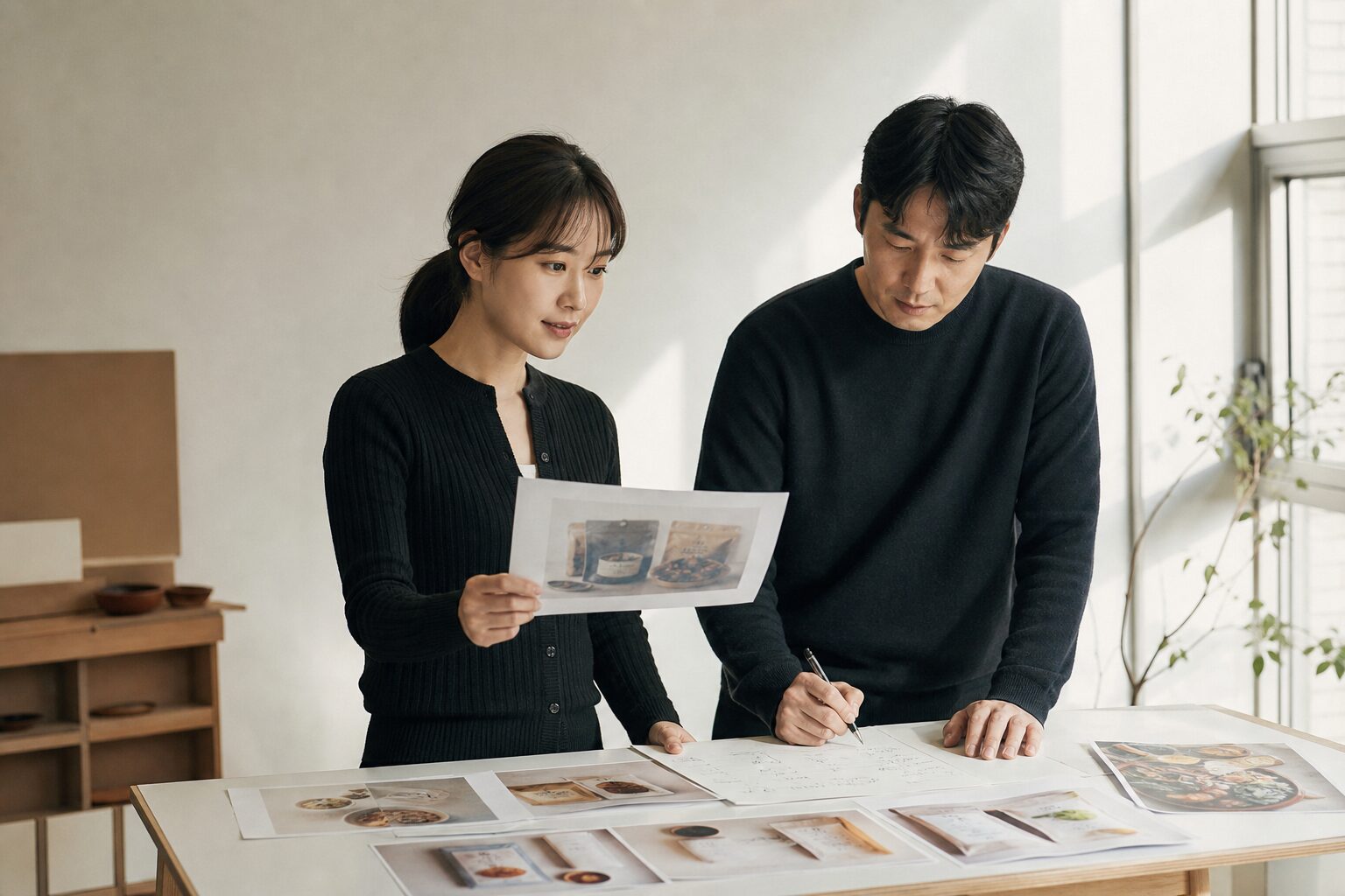 쿠팡 식품 카테고리 상품 썸네일과 캠페인 기획안을 함께 검토하며 다음 단계를 논의하는 두 명의 커머스 운영자 협업 컷