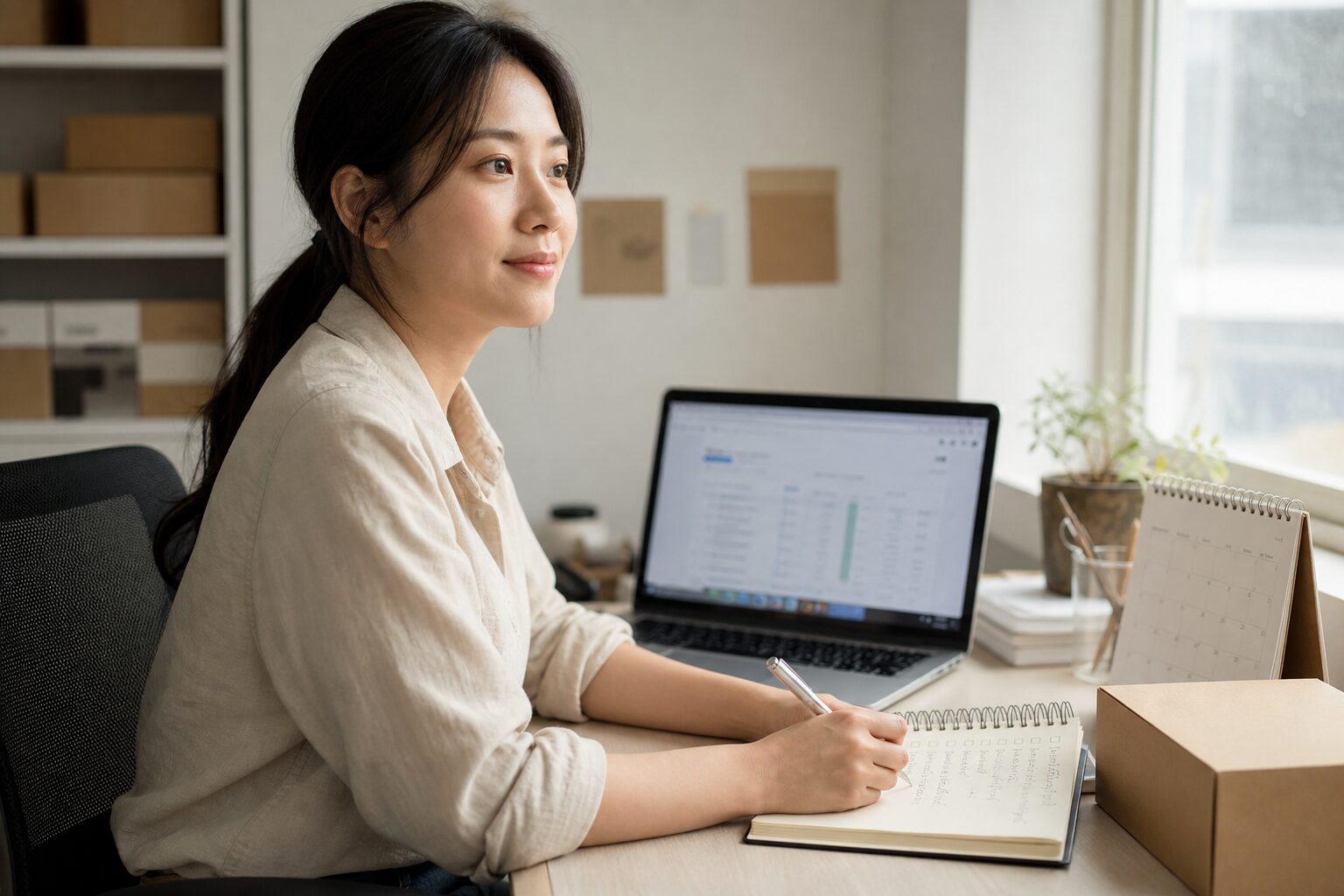 한국 커머스 브랜드 운영자가 사무실 책상에서 체크리스트가 적힌 메모지 항목들을 볼펜으로 하나씩 체크하며 노트북 화면의 광고 운영 현황을 함께 확인하는 장면, 탁상달력과 소형 택배 상자가 책상 한켠에 놓여 있음