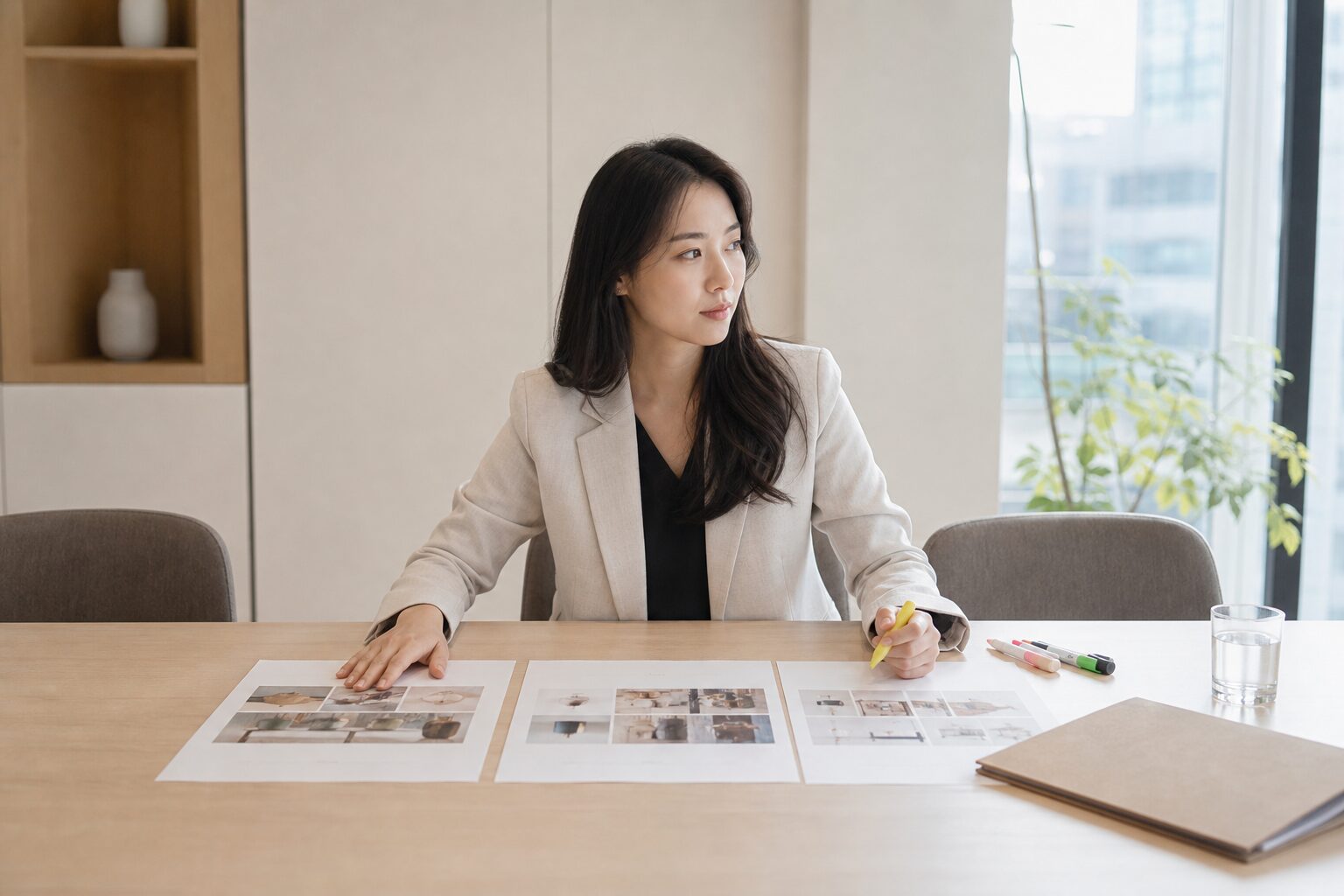멀티채널 운영 브랜드 담당자가 채널별 광고 기획안을 펼쳐놓고 다음 단계를 정리하는 장면