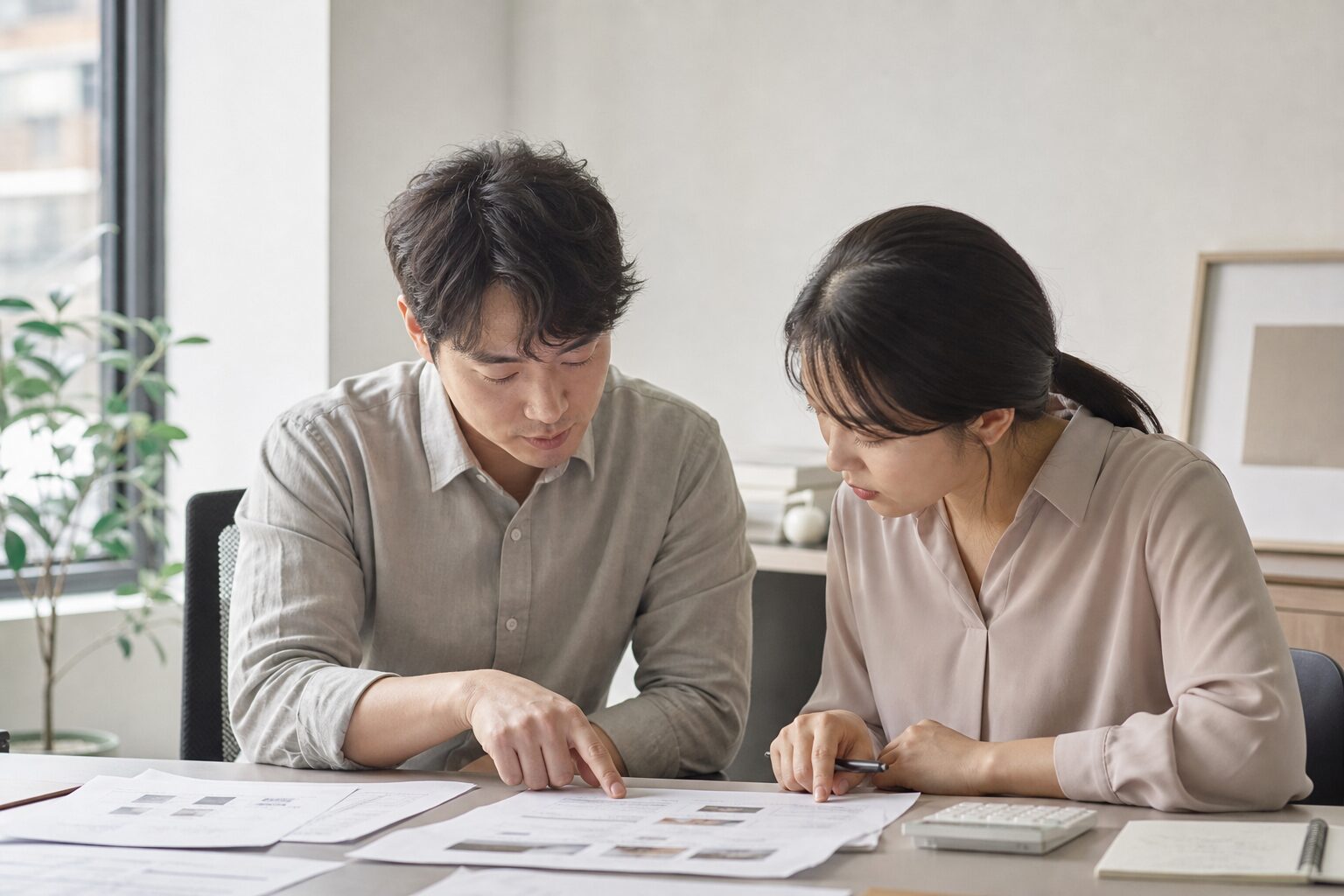 이커머스 운영자가 책상 위에 놓인 광고 채널별 집행 내역 출력물을 손으로 짚으며 동료와 나란히 앉아 특정 항목을 가리키며 원인을 짚어내는 협업 장면