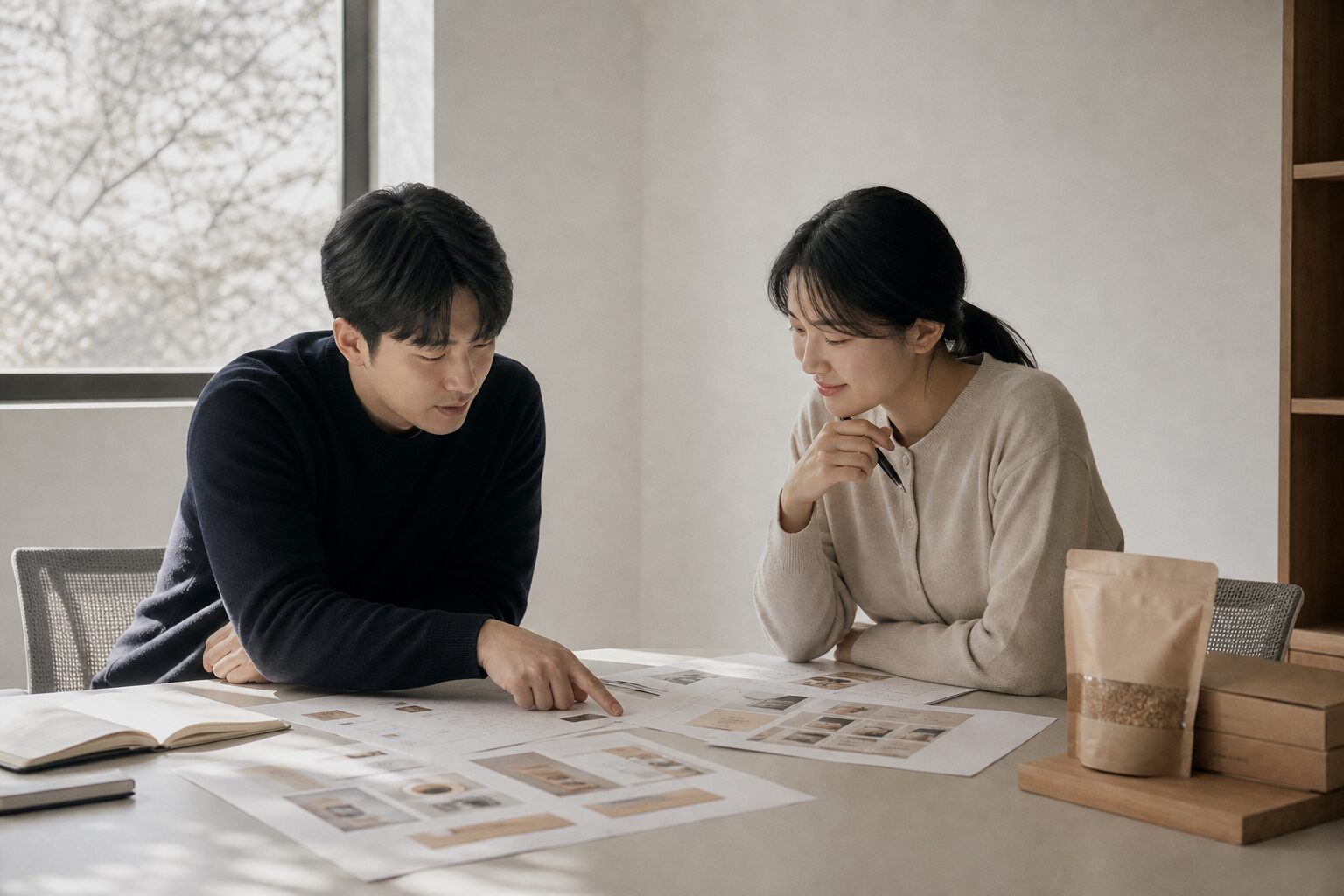 이커머스 식품 브랜드 운영자 두 명이 사무실 테이블에서 체험단 리뷰 출력물과 상품 상세페이지 시안을 함께 펼쳐놓고 다음 광고 확장 계획을 논의하며 한 명이 종이 위 항목을 손가락으로 가리키는 협업 장면