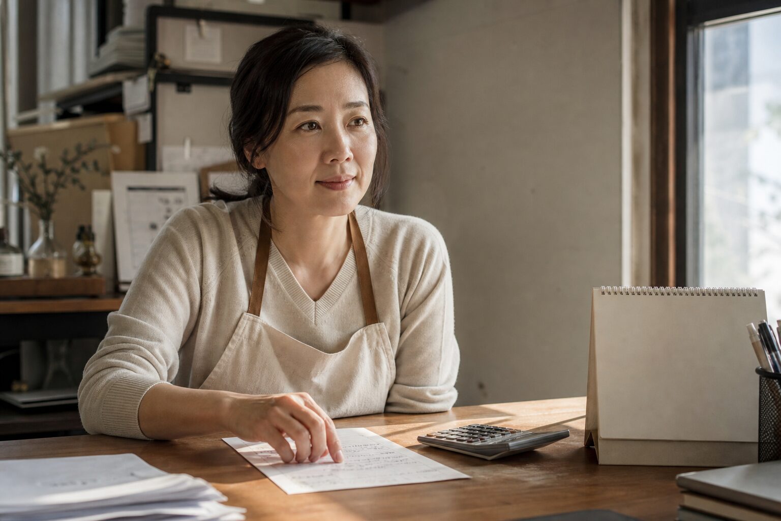 쿠팡 셀러가 책상 위에 펼쳐진 운영비 항목 메모지와 계산기를 손으로 짚으며 집중하는 클로즈업