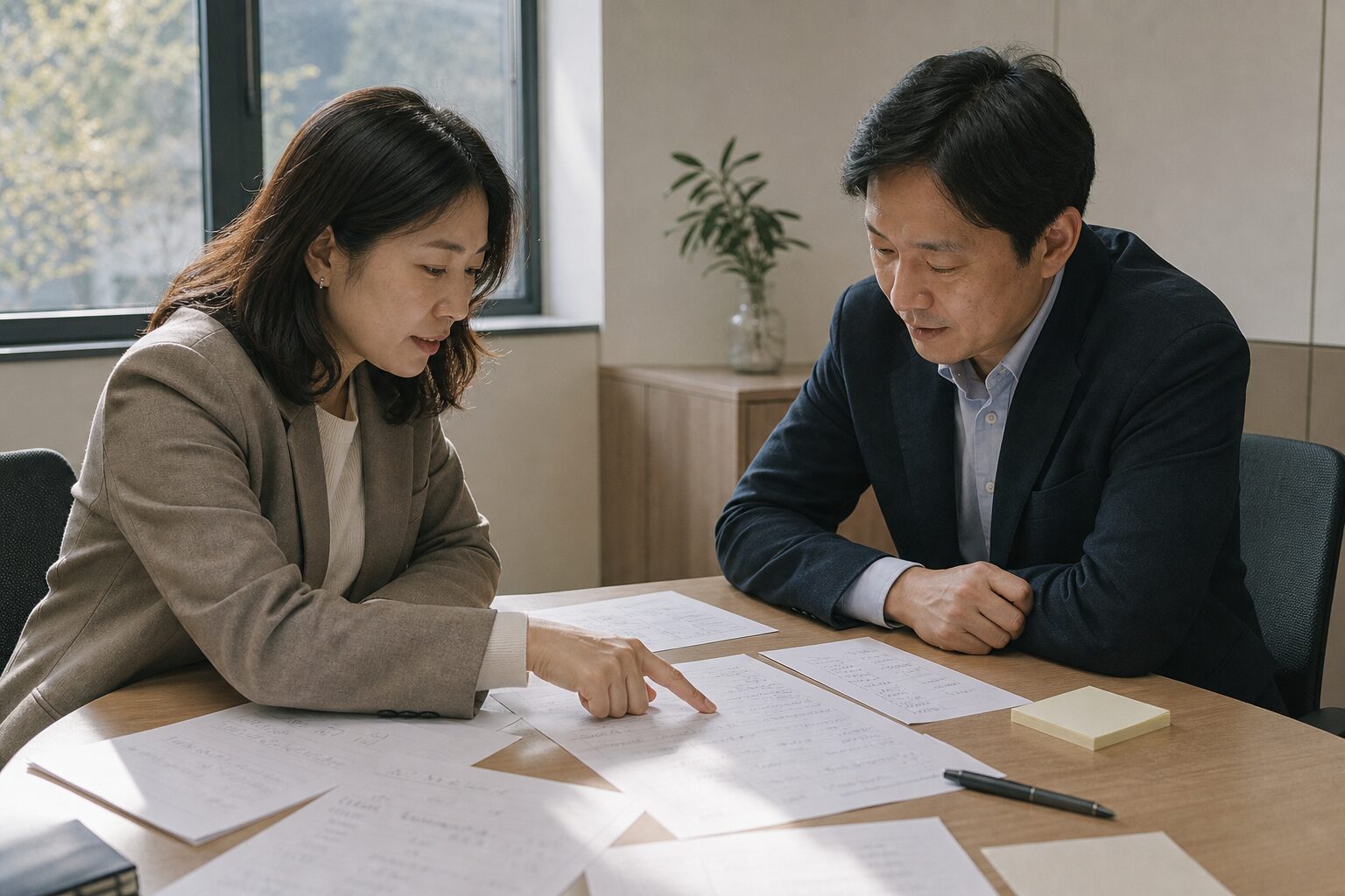 두 명의 한국 커머스 운영자가 테이블에 펼쳐진 계약서 초안과 비용 항목 메모를 함께 검토하며 논의하는 협업 컷