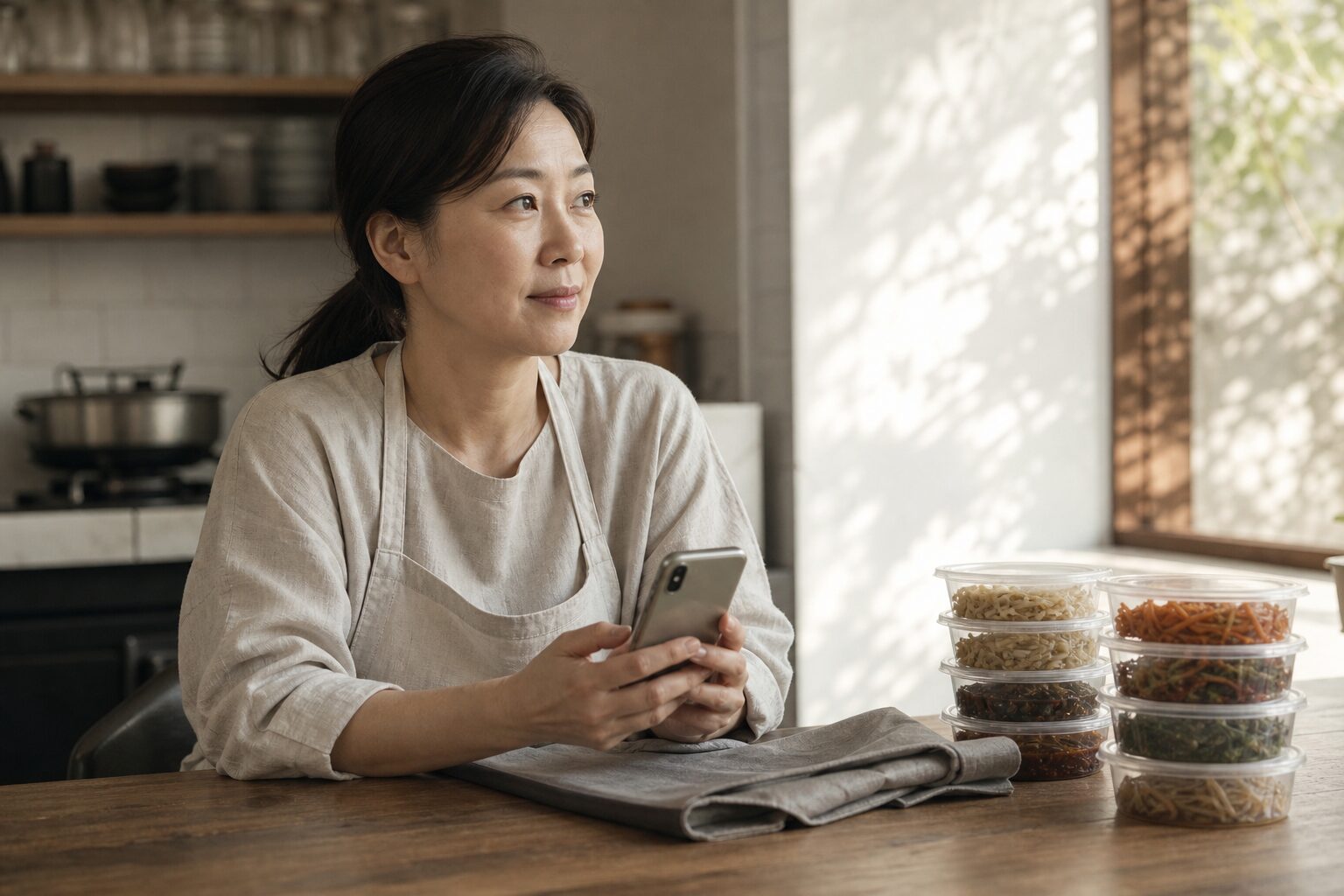 40대 여성 반찬 가게 사장님이 밝은 주방 한켠 작업대에 앉아 스마트폰을 손에 쥐고 당근 앱 비즈프로필 개설 화면을 집중해서 살펴보는 장면. 옆에는 반찬 용기와 앞치마가 놓여 있고, 창문으로 들어오는 자연광이 작업대를 부드럽게 비춘다.