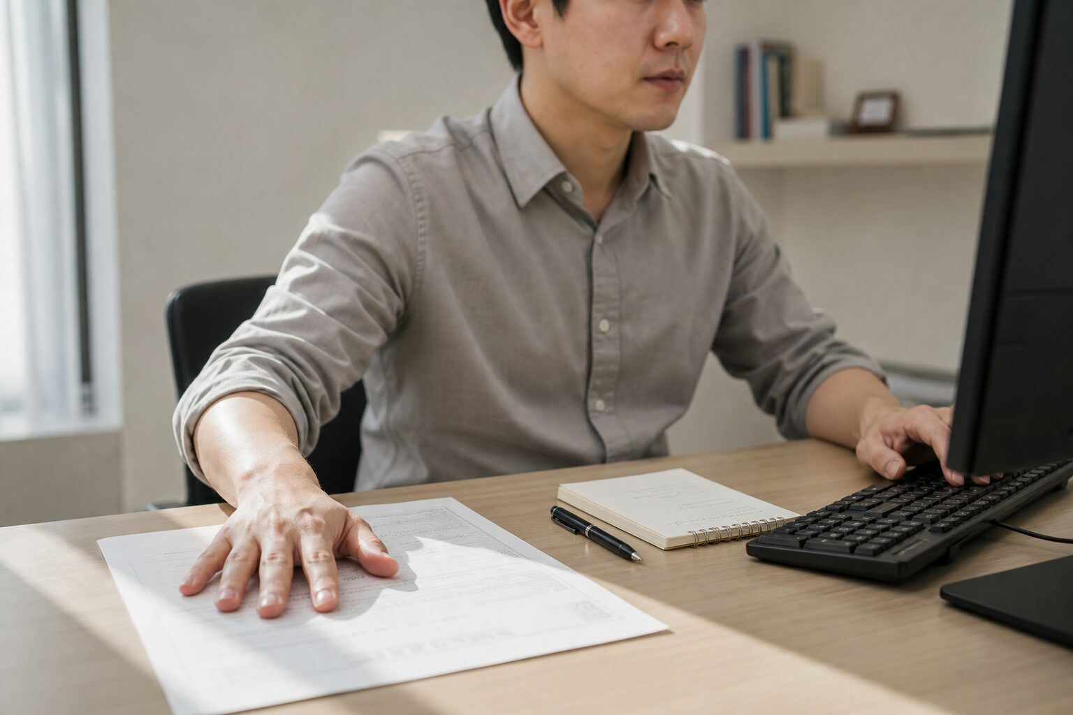 30대 남성 소규모 가게 운영자가 사무용 책상에서 PC 화면을 바라보며 한 손으로 사업자등록증 종이를 짚고 다른 손으로 키보드를 타이핑하는 클로즈업. 책상 위에는 사업자등록증 사본, 볼펜, 메모지가 놓여 있다.