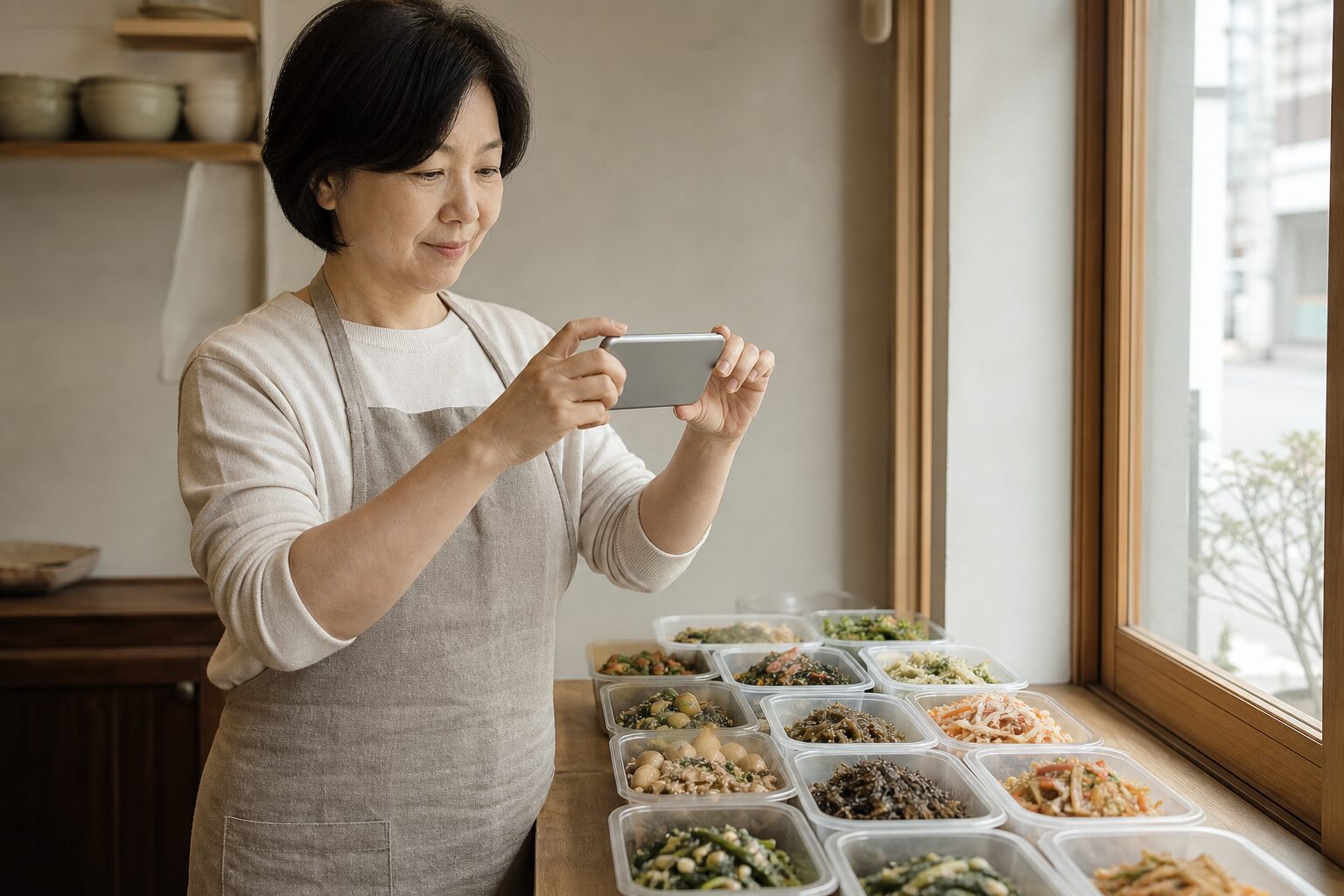 50대 여성 반찬 가게 사장님이 가게 진열대 앞에서 스마트폰 카메라로 반찬 용기들을 촬영하는 장면. 자연광이 들어오는 창가에 반찬 용기를 가지런히 배치하고 각도를 맞추며 촬영 중이다.