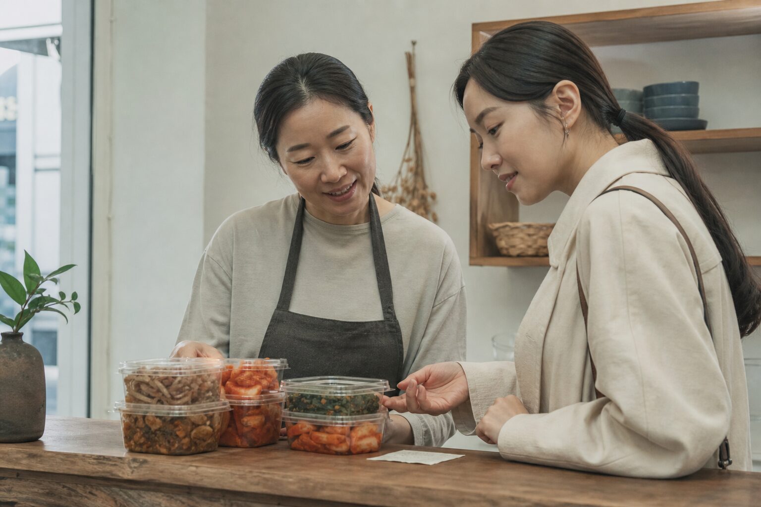 40대 여성 반찬 가게 사장님과 30대 여성 단골 손님이 가게 카운터를 사이에 두고 반찬 용기를 함께 살펴보며 편안하게 대화하는 협업 컷. 카운터 위에는 반찬 용기와 작은 메모지가 놓여 있다.
